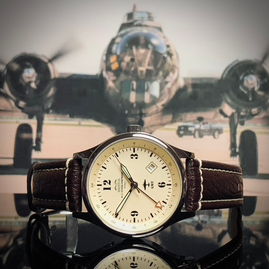B-17 Tribute Watch - Classic Aviator Design | Polished Stainless Steel, Beige Dial