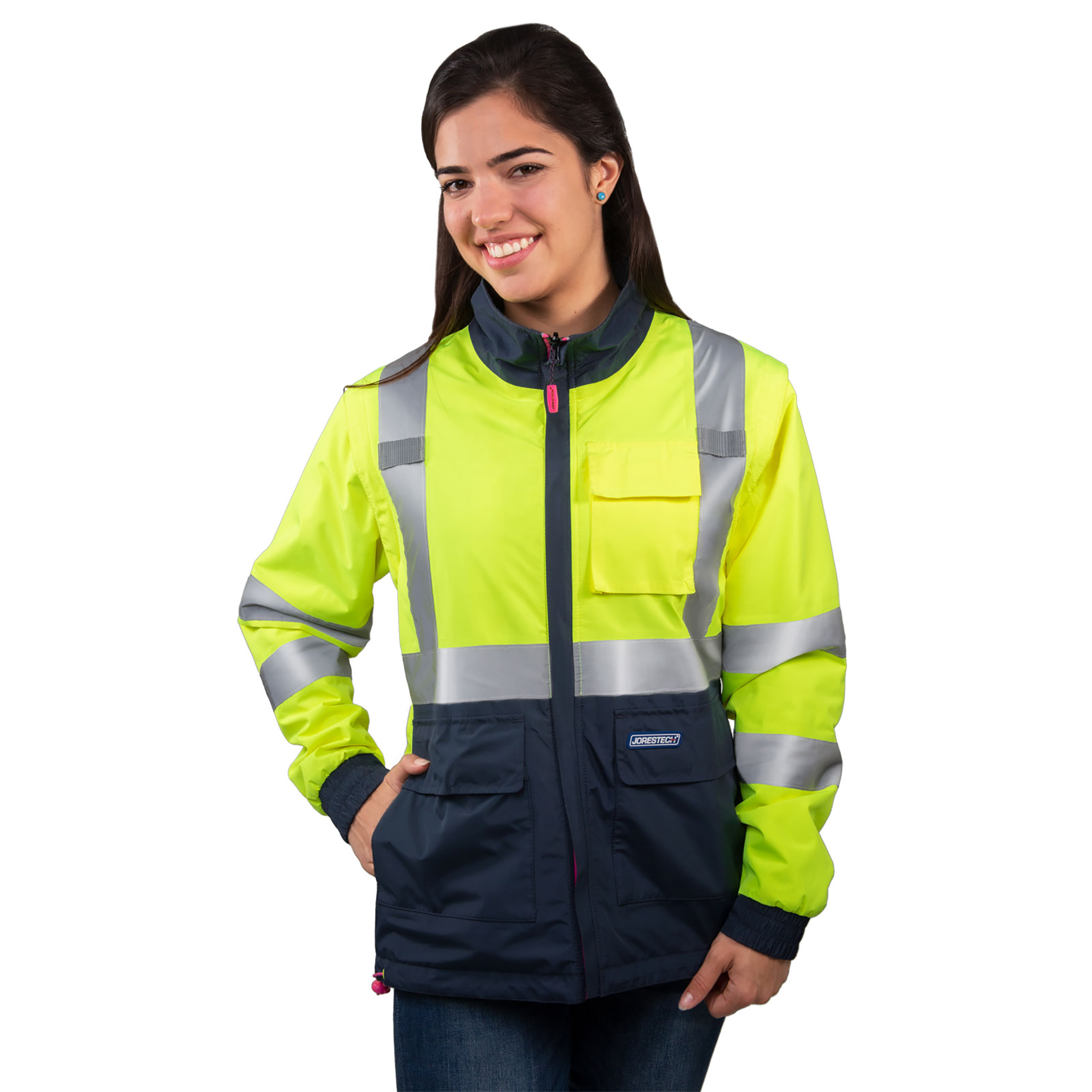 4 in 1 Hi-Vis Reversible Safety Jacket with Removable Sleeves - PinkFit Collection