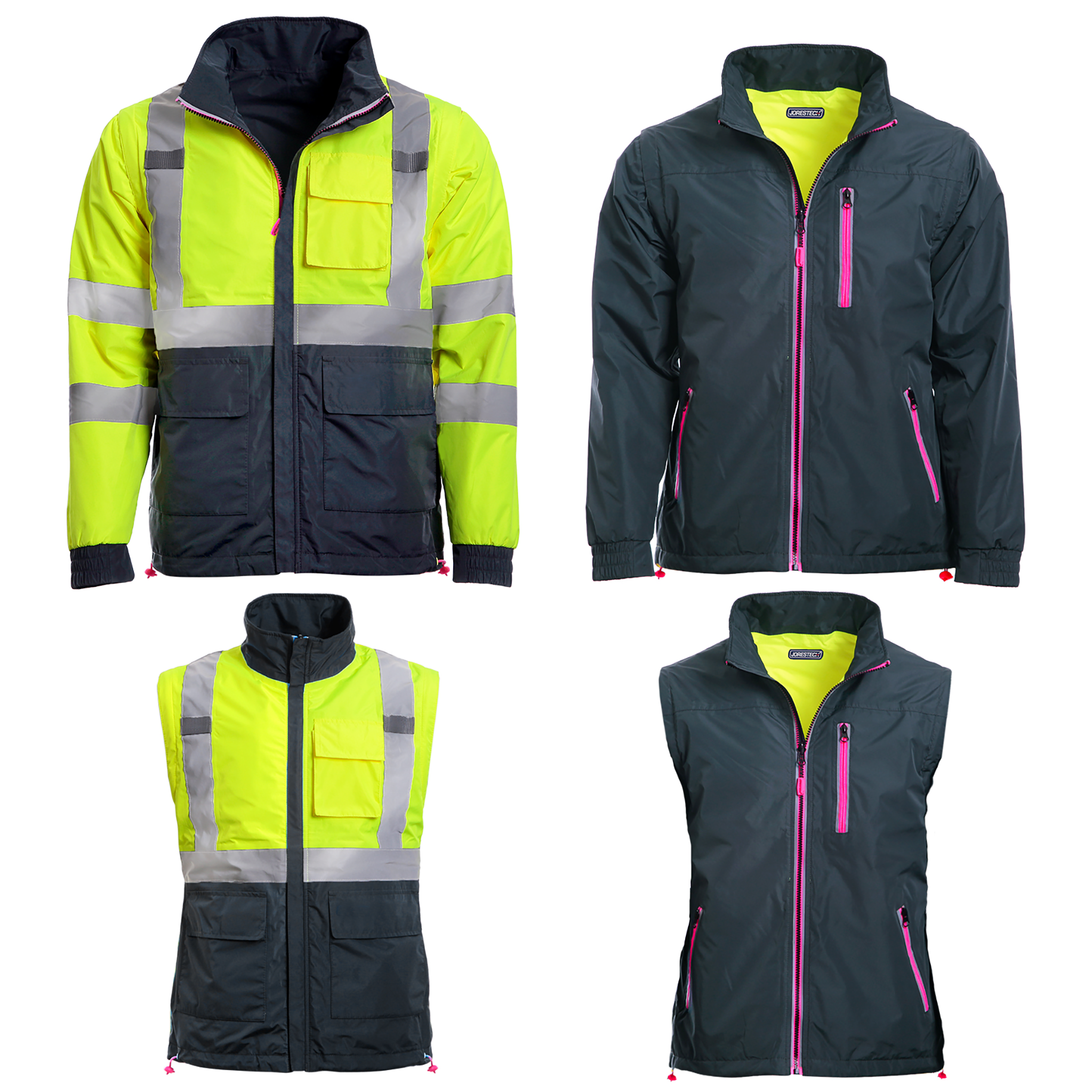 4 in 1 Hi-Vis Reversible Safety Jacket with Removable Sleeves - PinkFit Collection