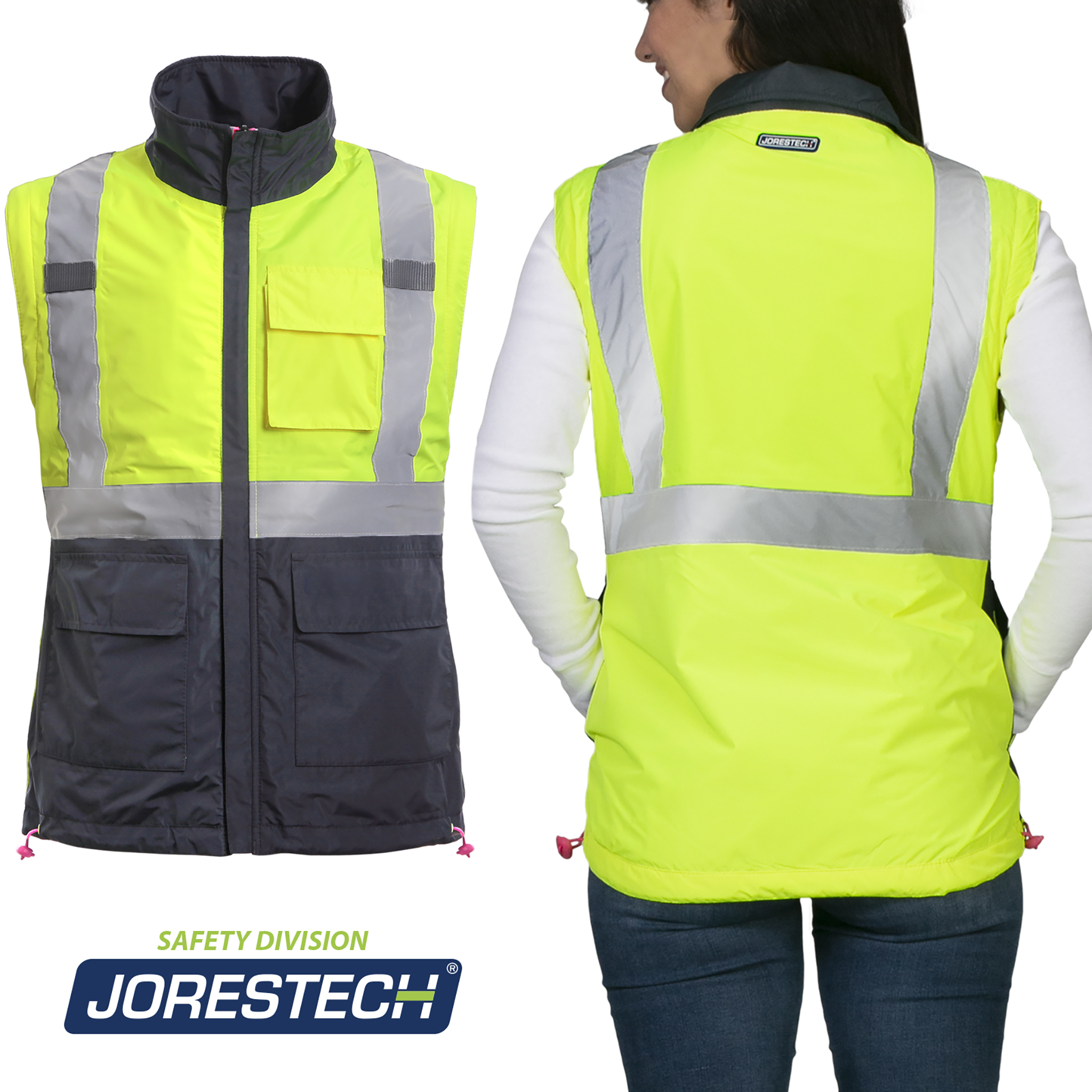 4 in 1 Hi-Vis Reversible Safety Jacket with Removable Sleeves - PinkFit Collection