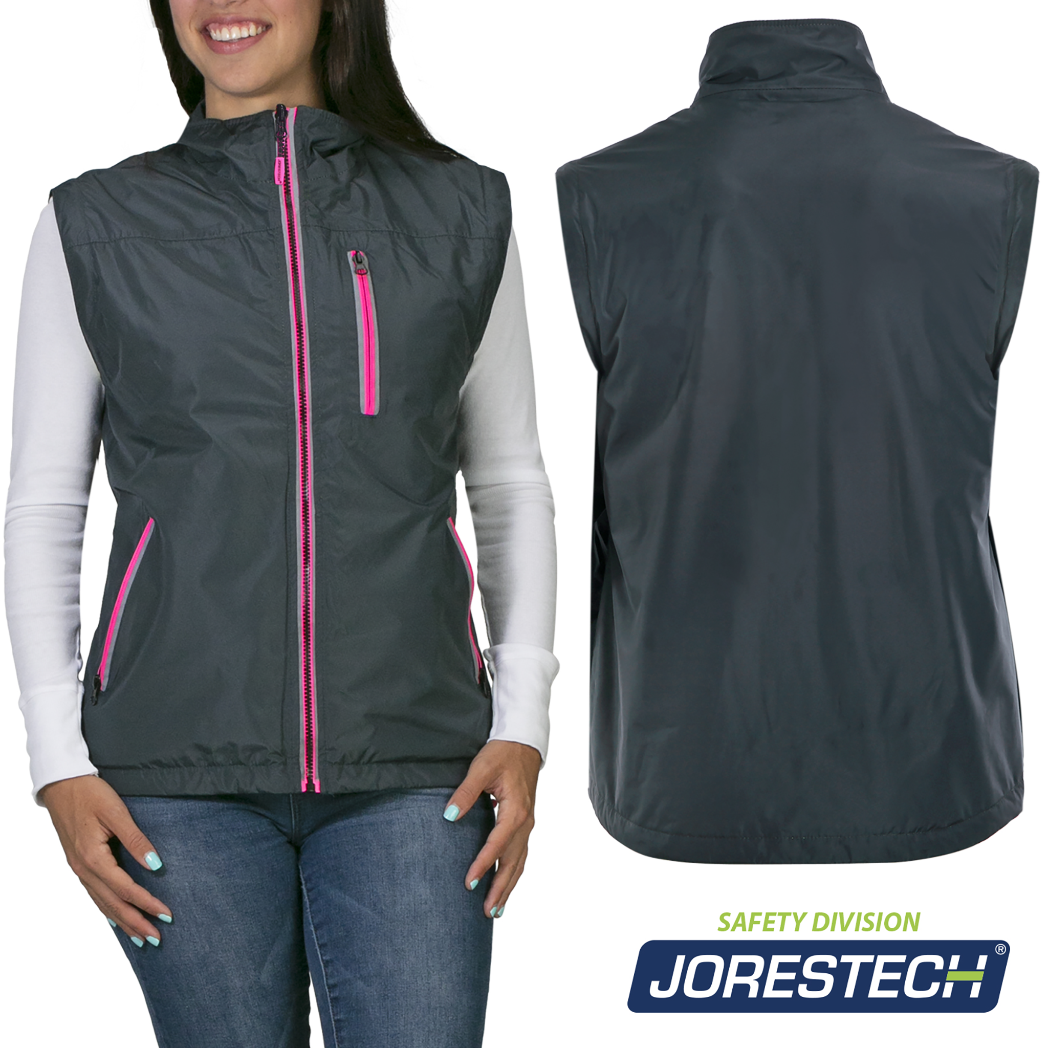 4 in 1 Hi-Vis Reversible Safety Jacket with Removable Sleeves - PinkFit Collection
