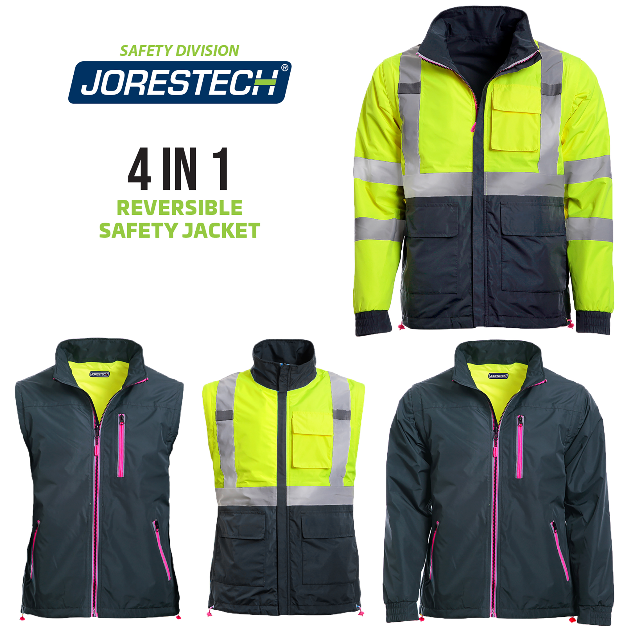 4 in 1 Hi-Vis Reversible Safety Jacket with Removable Sleeves - PinkFit Collection