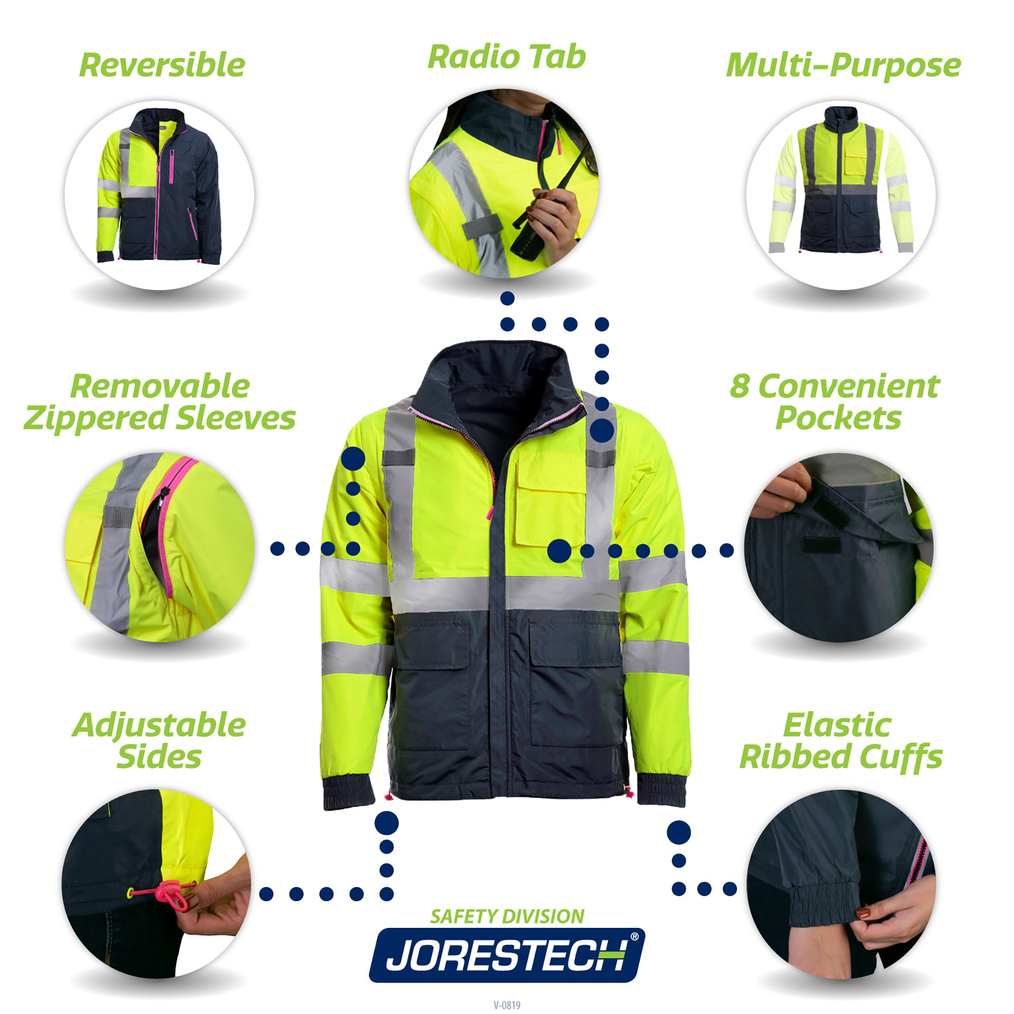 4 in 1 Hi-Vis Reversible Safety Jacket with Removable Sleeves - PinkFit Collection
