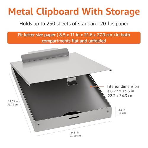 Metal Clipboard with 2 Compartments and Interior 250 Sheet Paper Storage, 14.09 x 9.21 x 2.6 inches, letter size, Silver