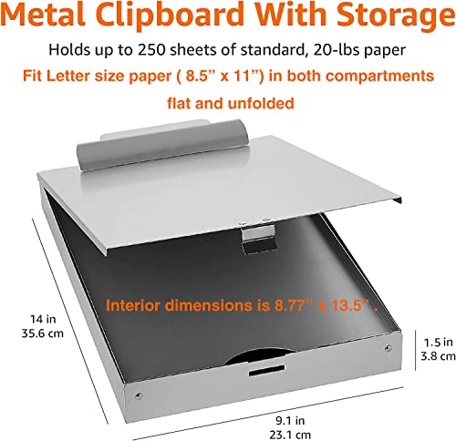 Metal Clipboard with 2 Compartments and Interior 250 Sheet Paper Storage, 14.09 x 9.21 x 2.6 inches, letter size, Silver