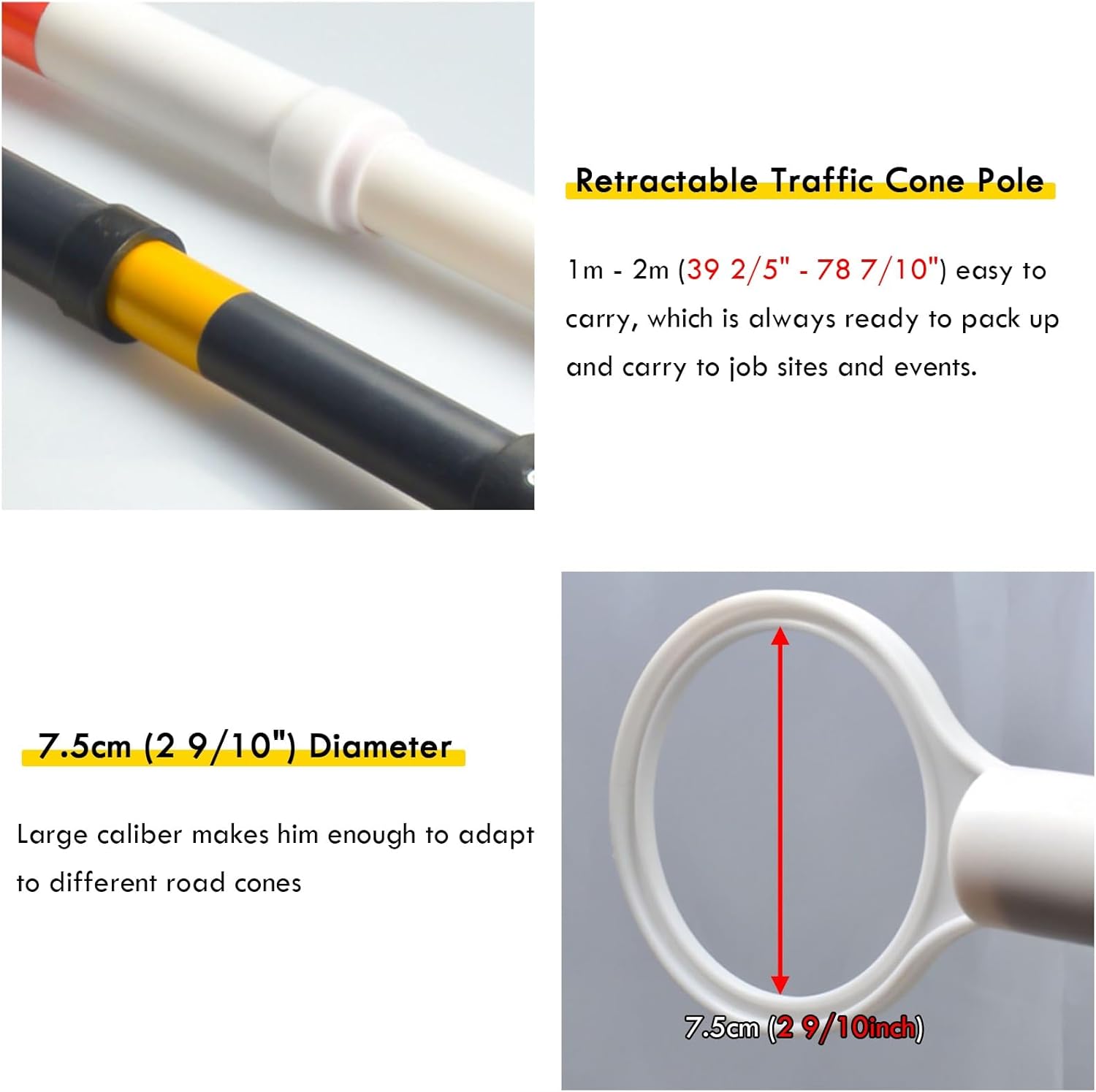 3.3ft 6.6ft Retractable Warning Cone Bar, Pack of 10 20 30 40 50 Commercial Traffic Cone Barrier Extension Poles/ Cone Rod for Pedestrian Crossing/ Public Area, Cones with Bars Across(Yellow-black,10