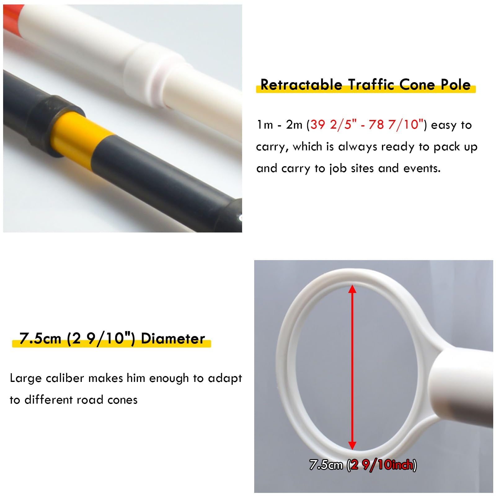 3.3ft 6.6ft Retractable Warning Cone Bar, Pack of 10 20 30 40 50 Commercial Traffic Cone Barrier Extension Poles/ Cone Rod for Pedestrian Crossing/ Public Area, Cones with Bars Across(Yellow-black,10