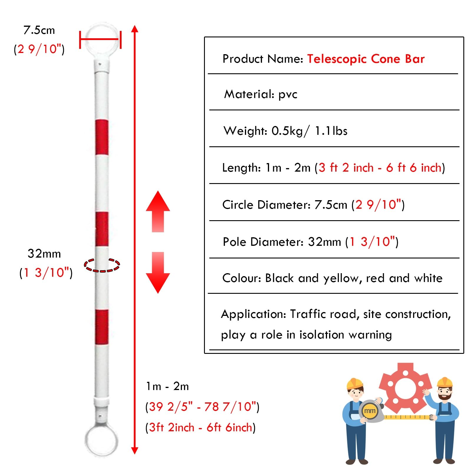 3.3ft 6.6ft Retractable Warning Cone Bar, Pack of 10 20 30 40 50 Commercial Traffic Cone Barrier Extension Poles/ Cone Rod for Pedestrian Crossing/ Public Area, Cones with Bars Across(Yellow-black,10