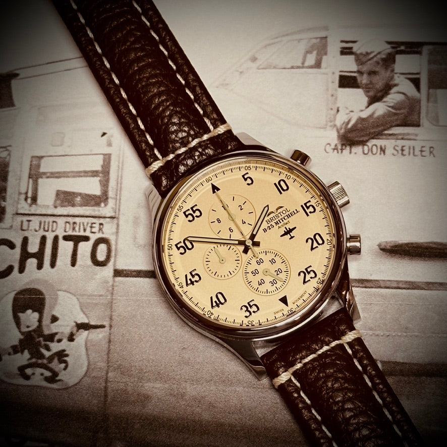 B-25 Mitchell Watch | Limited Edition Aviator Chronograph - Polished Stainless Steel, Brown Leather Strap