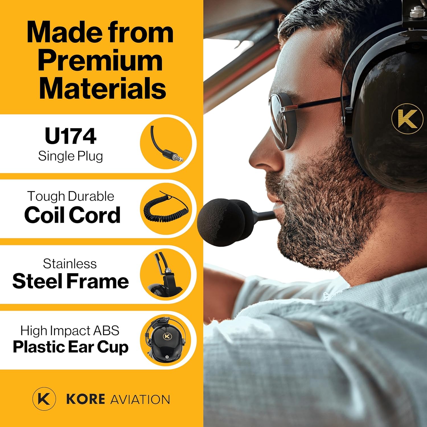 KORE H1 Helicopter Pilot Headset (Mono) with Headset Bag - U-174 Plugs