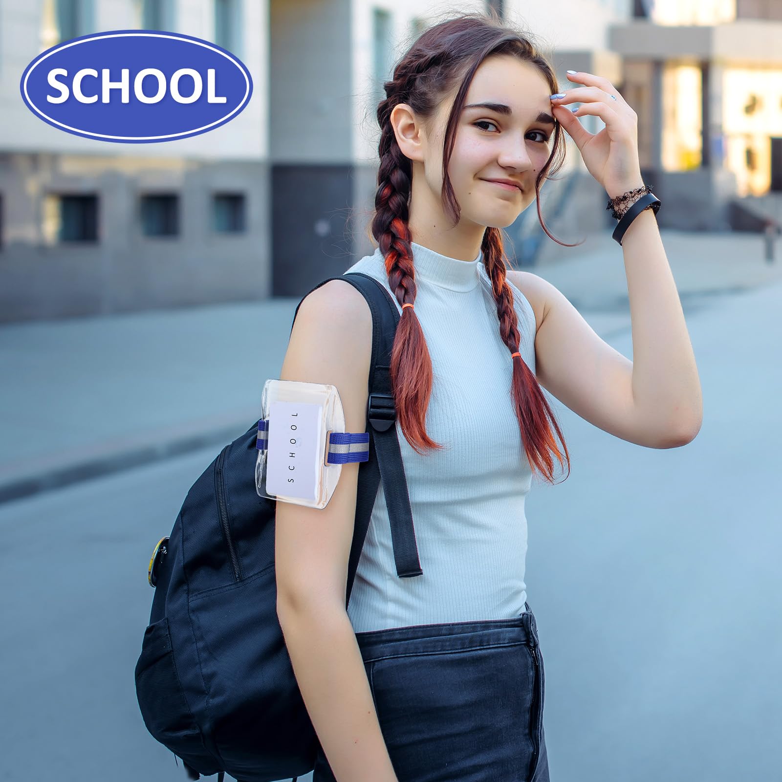 Epakh 30 Pcs Arm Badge Holder Armband ID Card Holder with Hook and Loop Fastener Clear Plastic Name Tag Badge Holder, Universal Size (Blue,Reflective Strips)