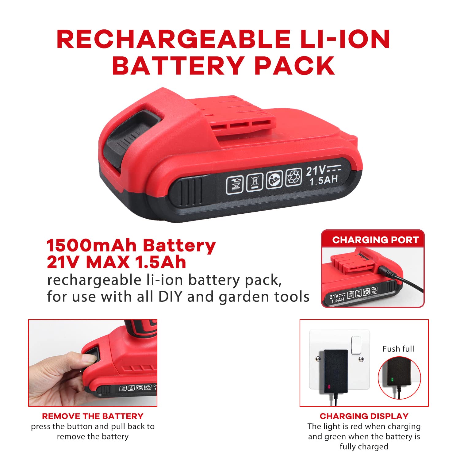 jar-owl 21V Tool Set with Drill, 350 in-lb Torque, 0-1350RMP Variable Speed, 10MM 3/8'' Keyless Chuck, 18+1 Clutch, 1.5Ah Li-Ion Battery & Charger with Tool Kit