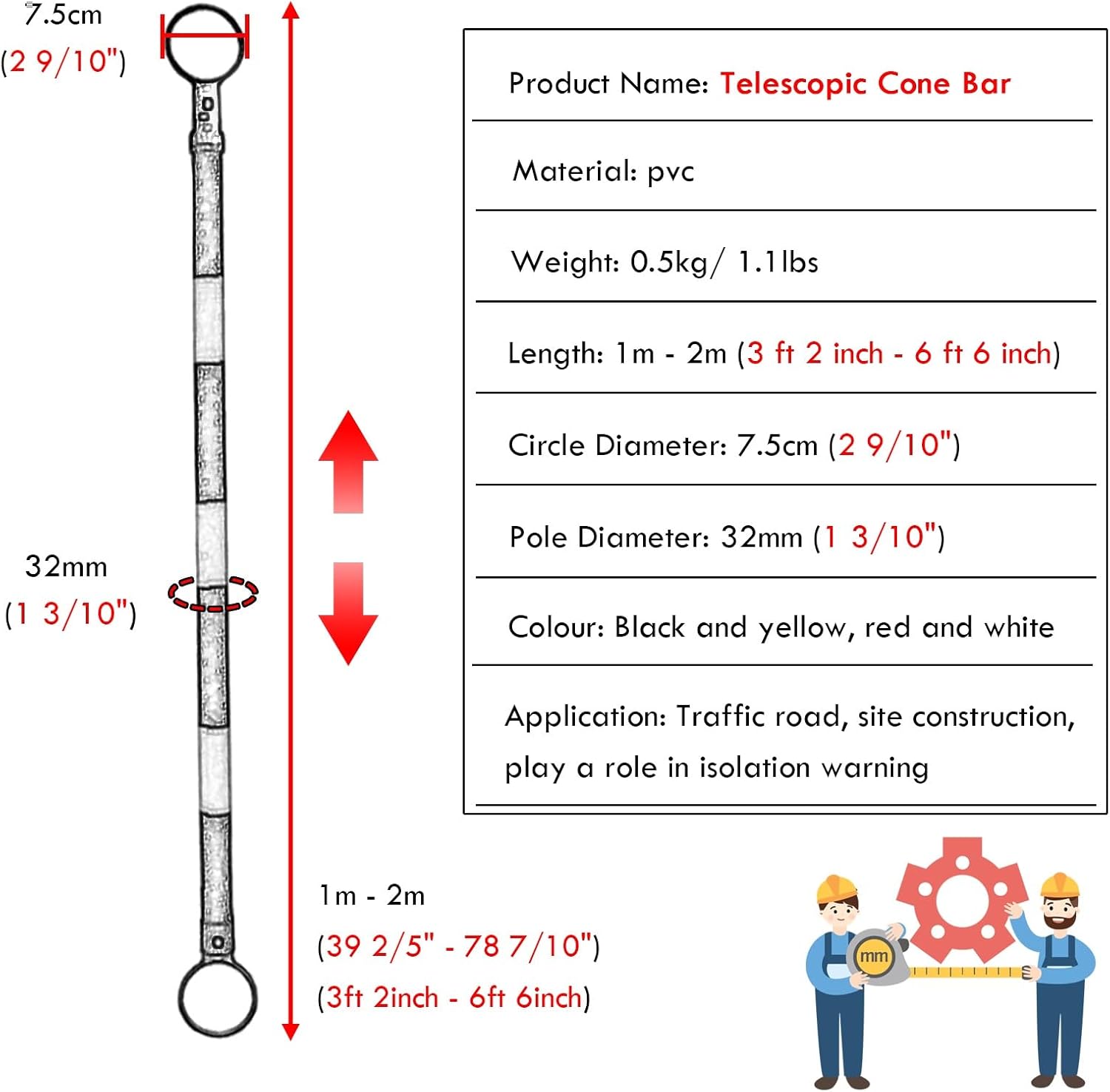 3.3ft 6.6ft Retractable Warning Cone Bar, Pack of 10 20 30 40 50 Commercial Traffic Cone Barrier Extension Poles/ Cone Rod for Pedestrian Crossing/ Public Area, Cones with Bars Across(Yellow-black,10
