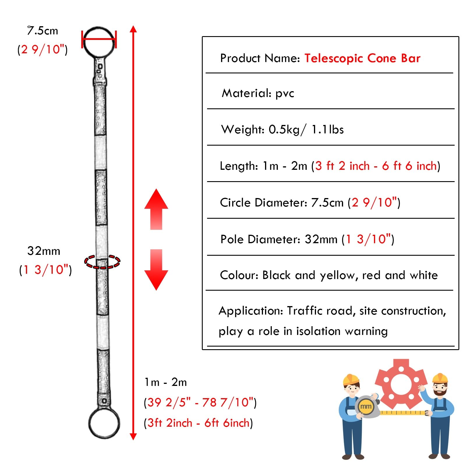 3.3ft 6.6ft Retractable Warning Cone Bar, Pack of 10 20 30 40 50 Commercial Traffic Cone Barrier Extension Poles/ Cone Rod for Pedestrian Crossing/ Public Area, Cones with Bars Across(Yellow-black,10