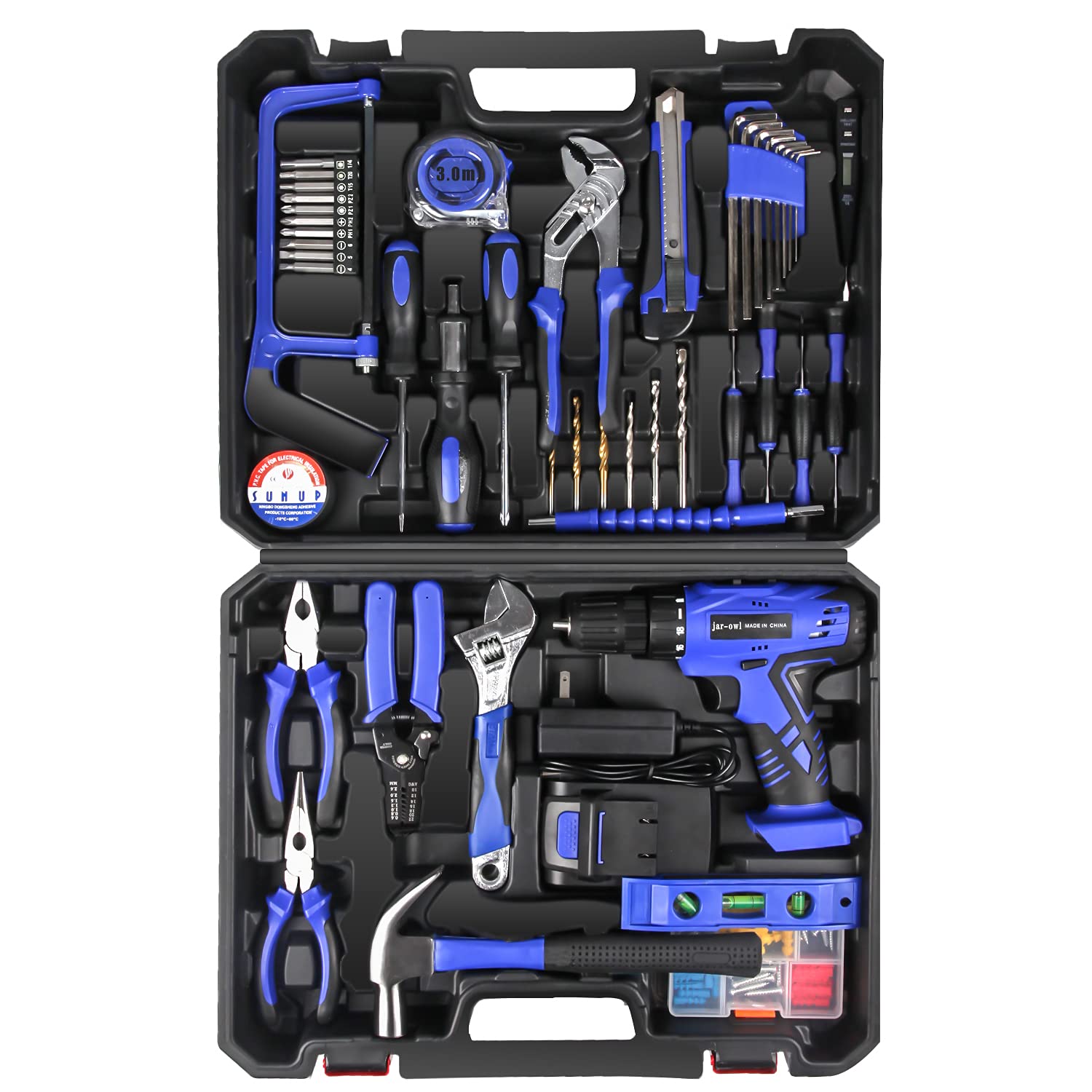 jar-owl 21V Tool Set with Drill, 350 in-lb Torque, 0-1350RMP Variable Speed, 10MM 3/8'' Keyless Chuck, 18+1 Clutch, 1.5Ah Li-Ion Battery & Charger with Tool Kit
