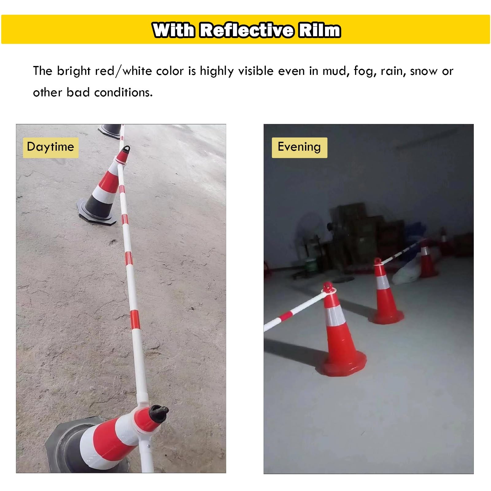 3.3ft 6.6ft Retractable Warning Cone Bar, Pack of 10 20 30 40 50 Commercial Traffic Cone Barrier Extension Poles/ Cone Rod for Pedestrian Crossing/ Public Area, Cones with Bars Across(Yellow-black,10
