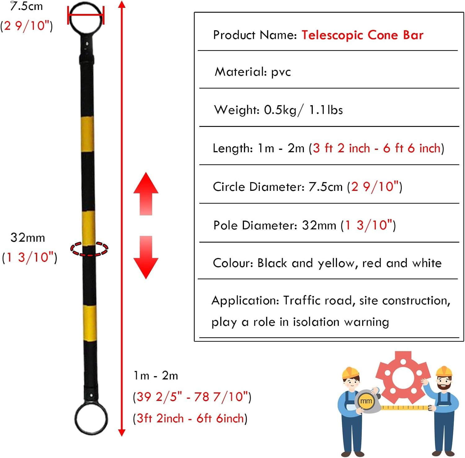 3.3ft 6.6ft Retractable Warning Cone Bar, Pack of 10 20 30 40 50 Commercial Traffic Cone Barrier Extension Poles/ Cone Rod for Pedestrian Crossing/ Public Area, Cones with Bars Across(Yellow-black,10