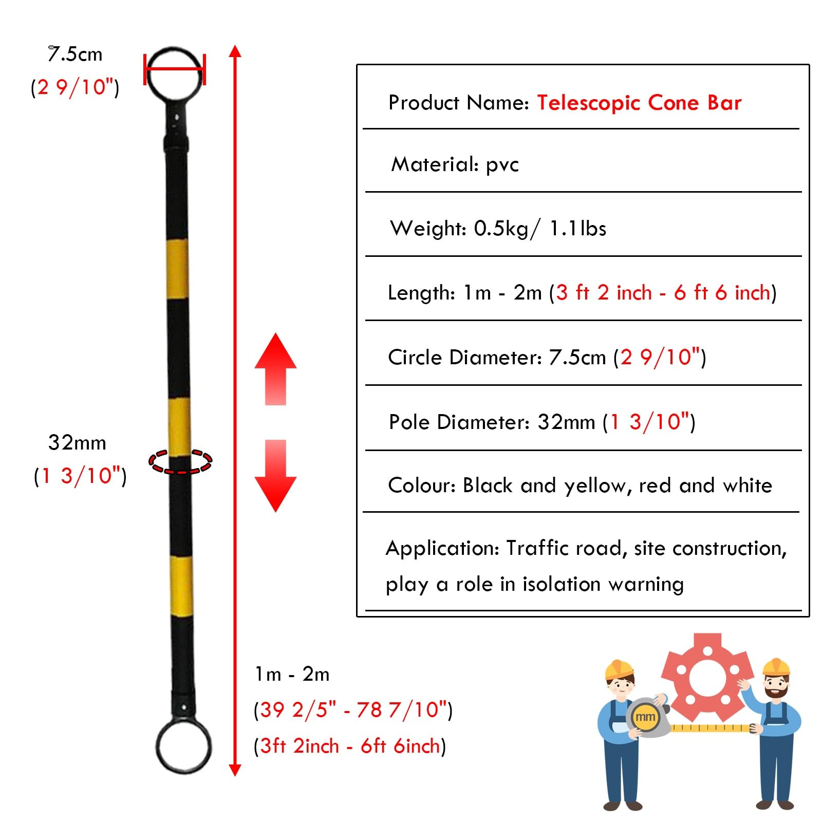 3.3ft 6.6ft Retractable Warning Cone Bar, Pack of 10 20 30 40 50 Commercial Traffic Cone Barrier Extension Poles/ Cone Rod for Pedestrian Crossing/ Public Area, Cones with Bars Across(Yellow-black,10