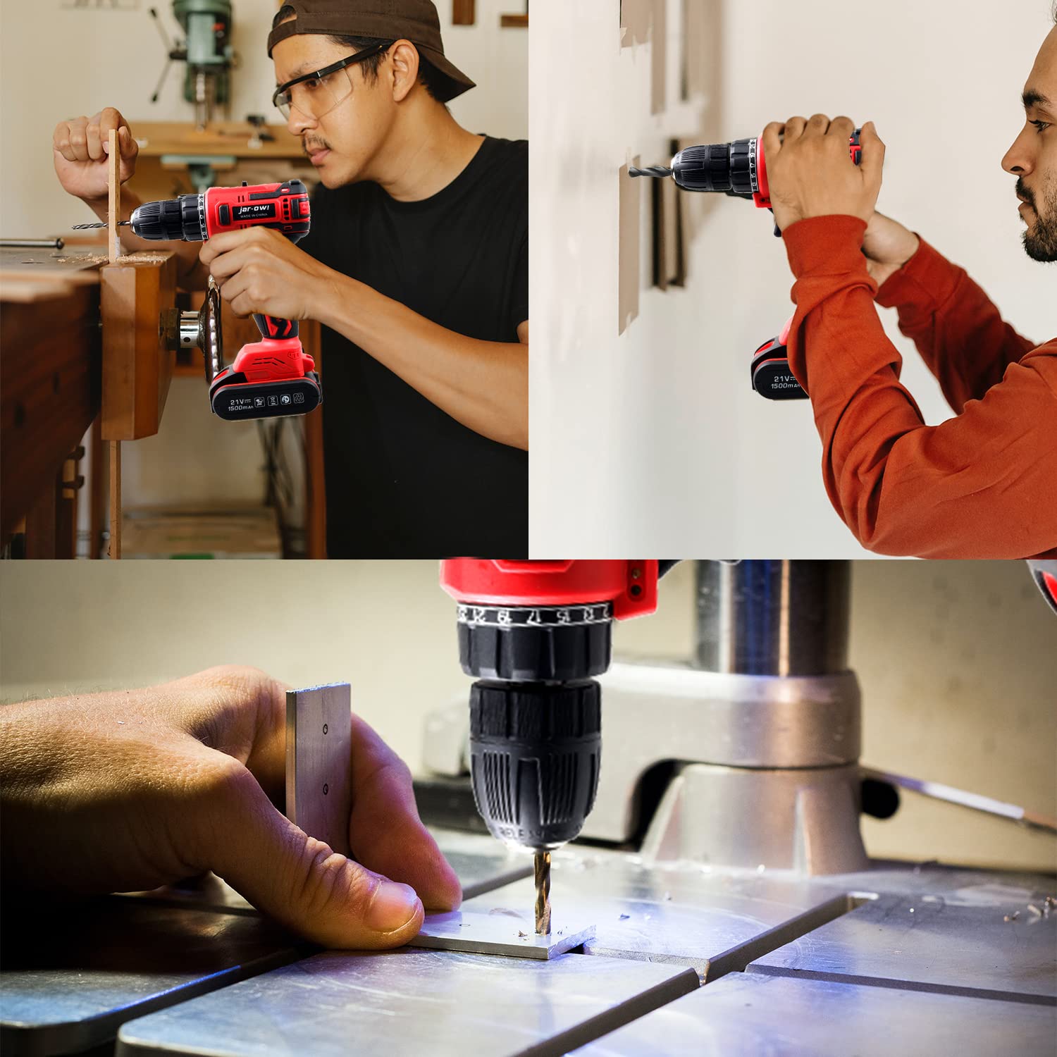 jar-owl 21V Tool Set with Drill, 350 in-lb Torque, 0-1350RMP Variable Speed, 10MM 3/8'' Keyless Chuck, 18+1 Clutch, 1.5Ah Li-Ion Battery & Charger with Tool Kit