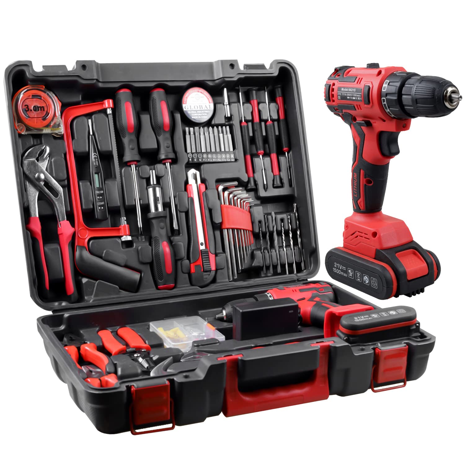 jar-owl 21V Tool Set with Drill, 350 in-lb Torque, 0-1350RMP Variable Speed, 10MM 3/8'' Keyless Chuck, 18+1 Clutch, 1.5Ah Li-Ion Battery & Charger with Tool Kit