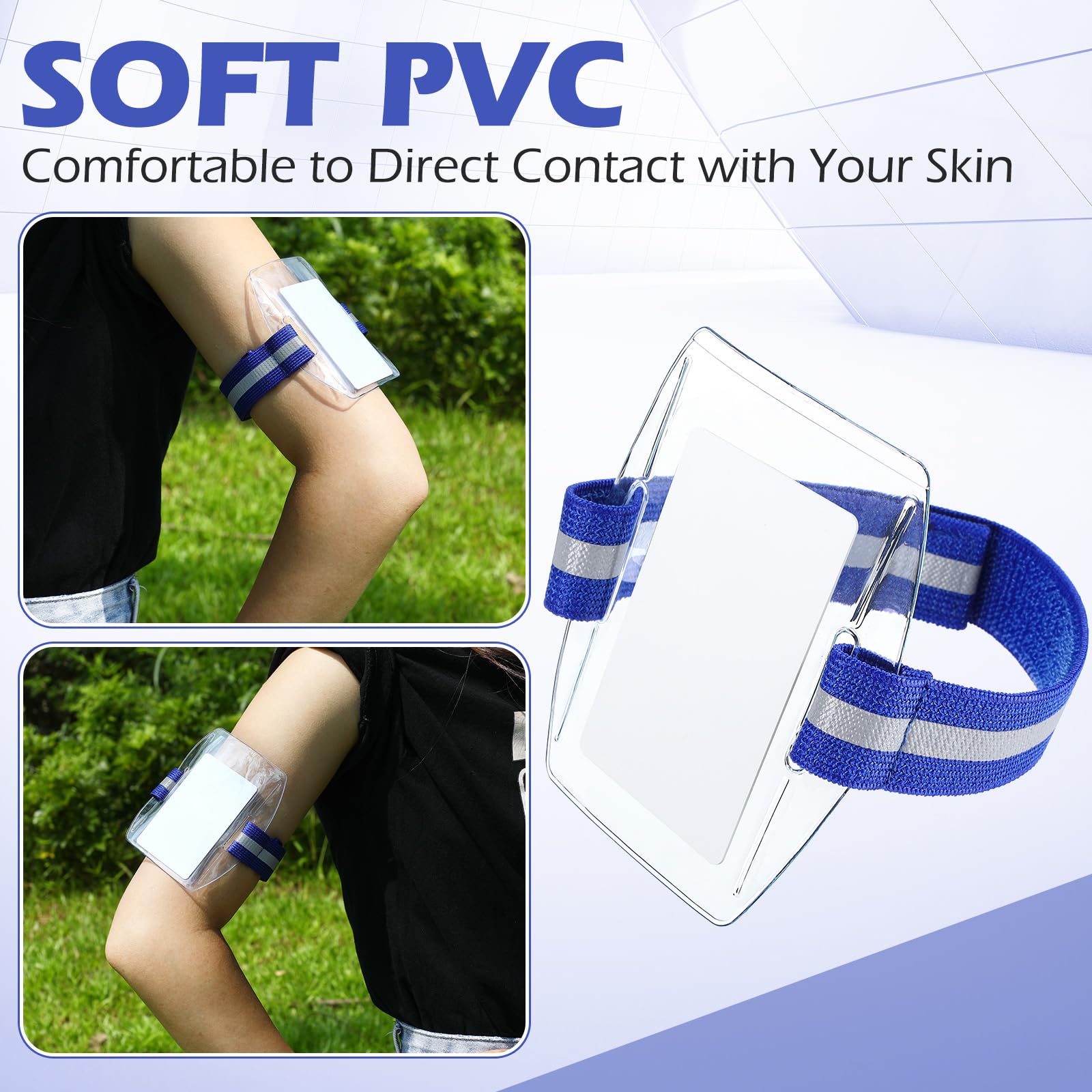 Epakh 30 Pcs Arm Badge Holder Armband ID Card Holder with Hook and Loop Fastener Clear Plastic Name Tag Badge Holder, Universal Size (Blue,Reflective Strips)