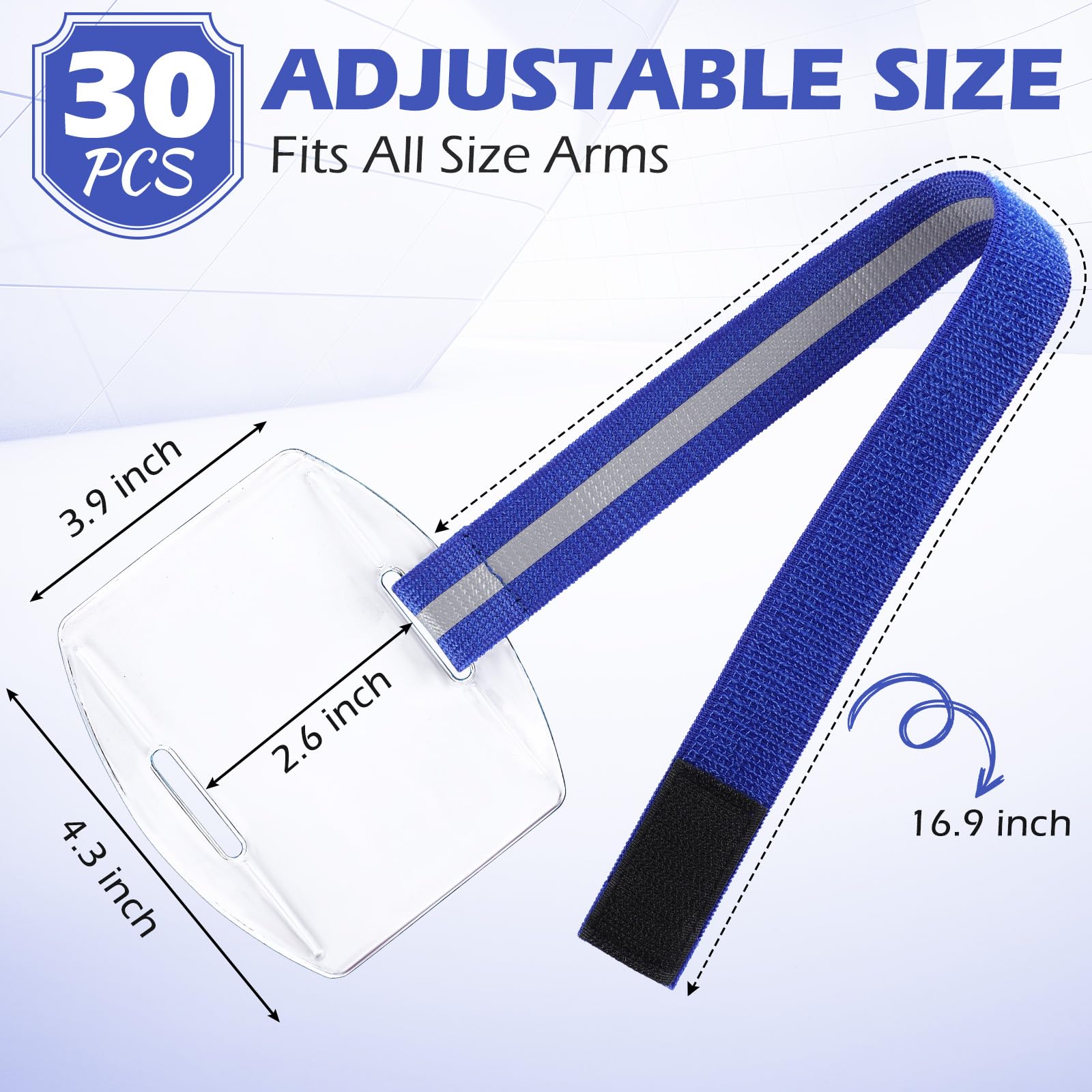 Epakh 30 Pcs Arm Badge Holder Armband ID Card Holder with Hook and Loop Fastener Clear Plastic Name Tag Badge Holder, Universal Size (Blue,Reflective Strips)