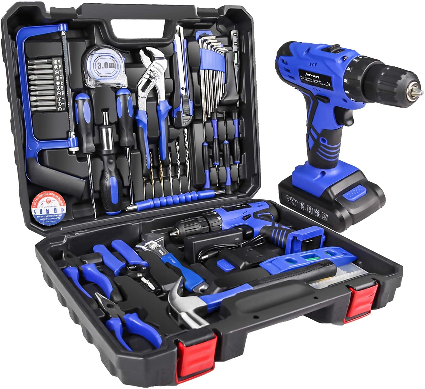 jar-owl 21V Tool Set with Drill, 350 in-lb Torque, 0-1350RMP Variable Speed, 10MM 3/8'' Keyless Chuck, 18+1 Clutch, 1.5Ah Li-Ion Battery & Charger with Tool Kit