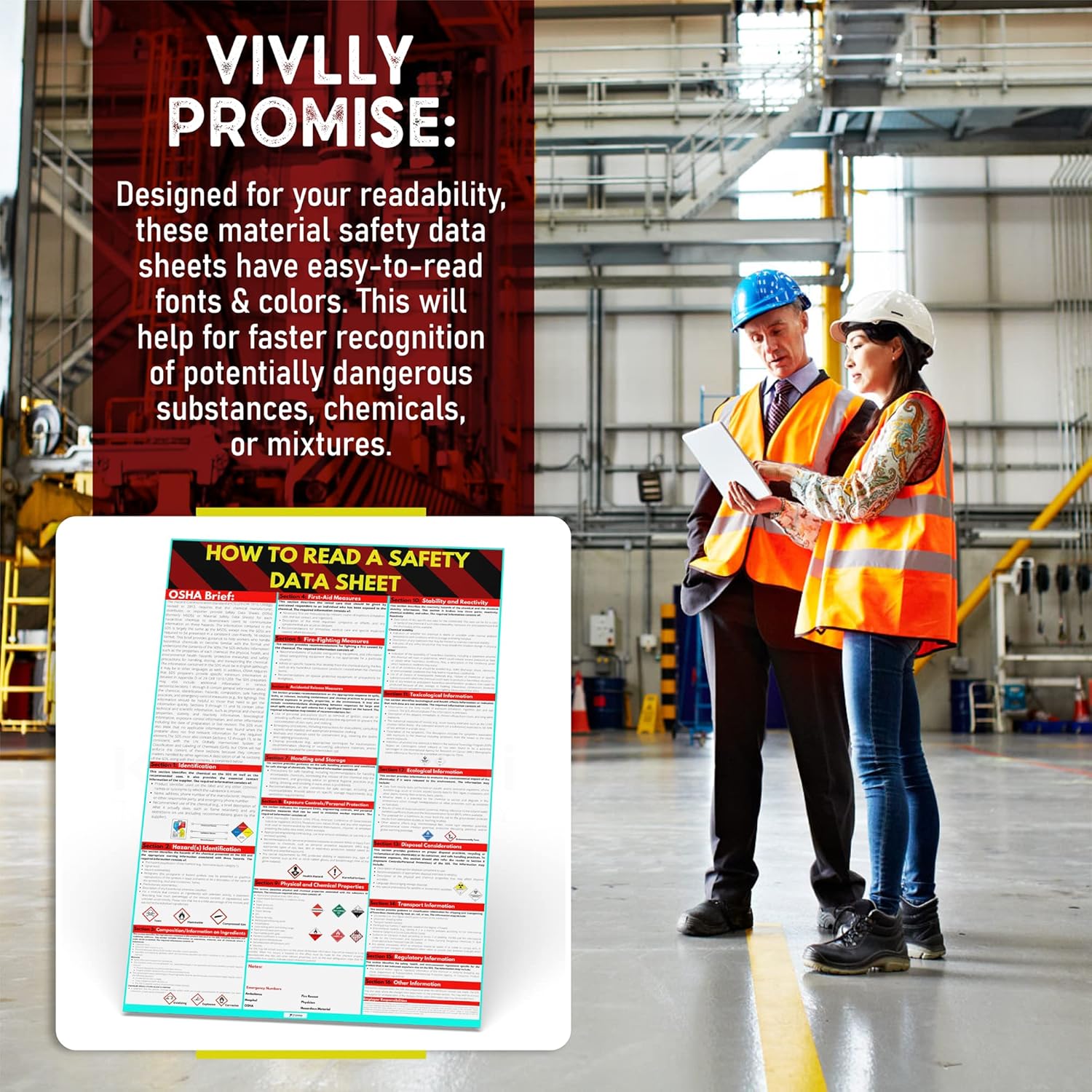 How to Read A Safety Data Sheet, SDS & MSDS Poster in English, Readable 24 x 36" UV Coated Paper Sign, OSHA, HMIS & Hazard Compliance Center Brief