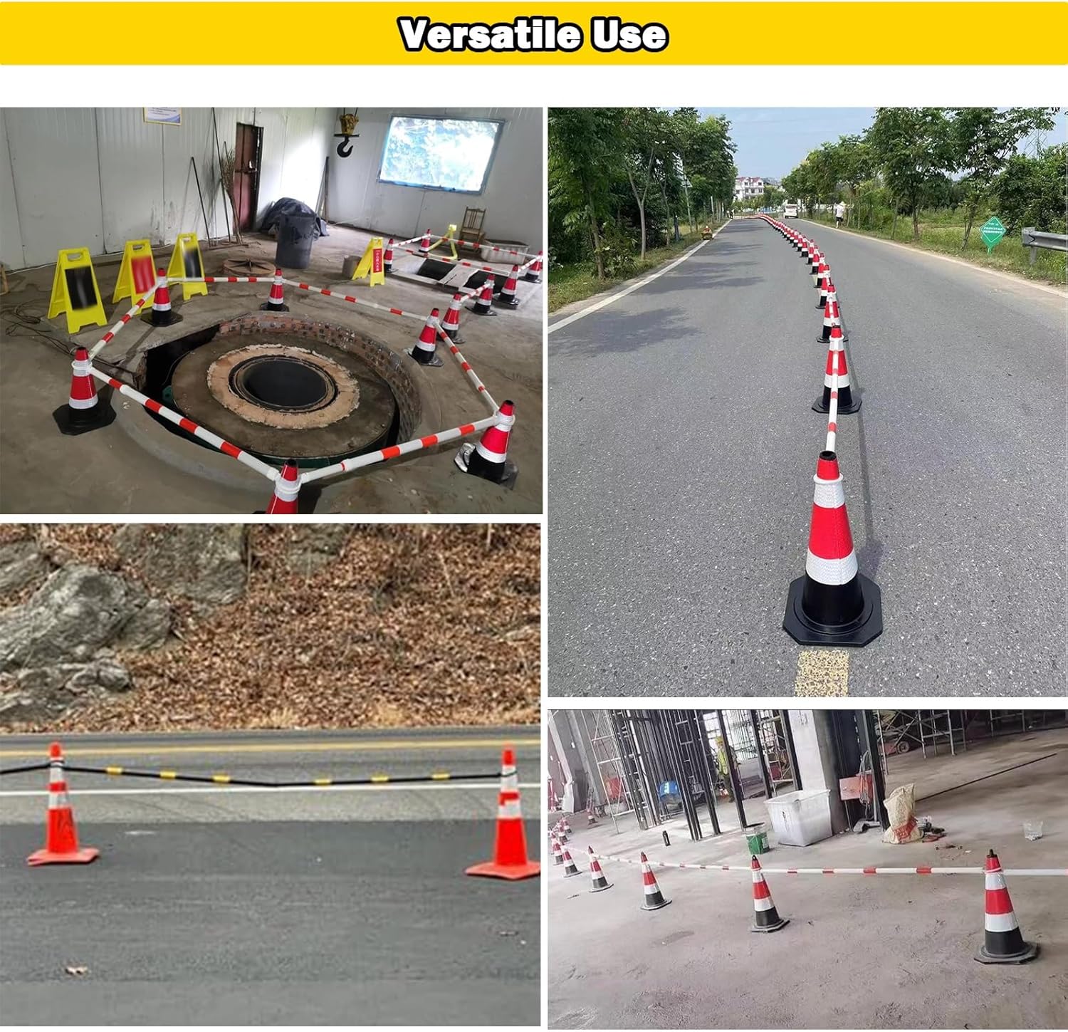 3.3ft 6.6ft Retractable Warning Cone Bar, Pack of 10 20 30 40 50 Commercial Traffic Cone Barrier Extension Poles/ Cone Rod for Pedestrian Crossing/ Public Area, Cones with Bars Across(Yellow-black,10