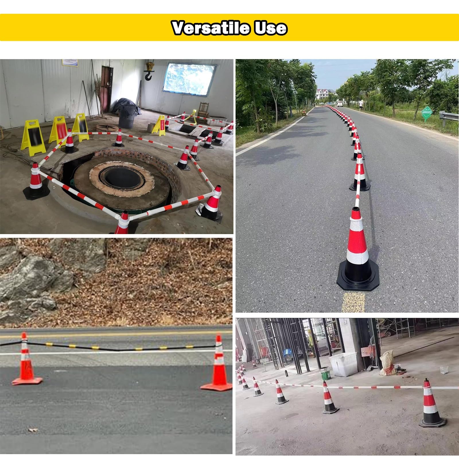 3.3ft 6.6ft Retractable Warning Cone Bar, Pack of 10 20 30 40 50 Commercial Traffic Cone Barrier Extension Poles/ Cone Rod for Pedestrian Crossing/ Public Area, Cones with Bars Across(Yellow-black,10