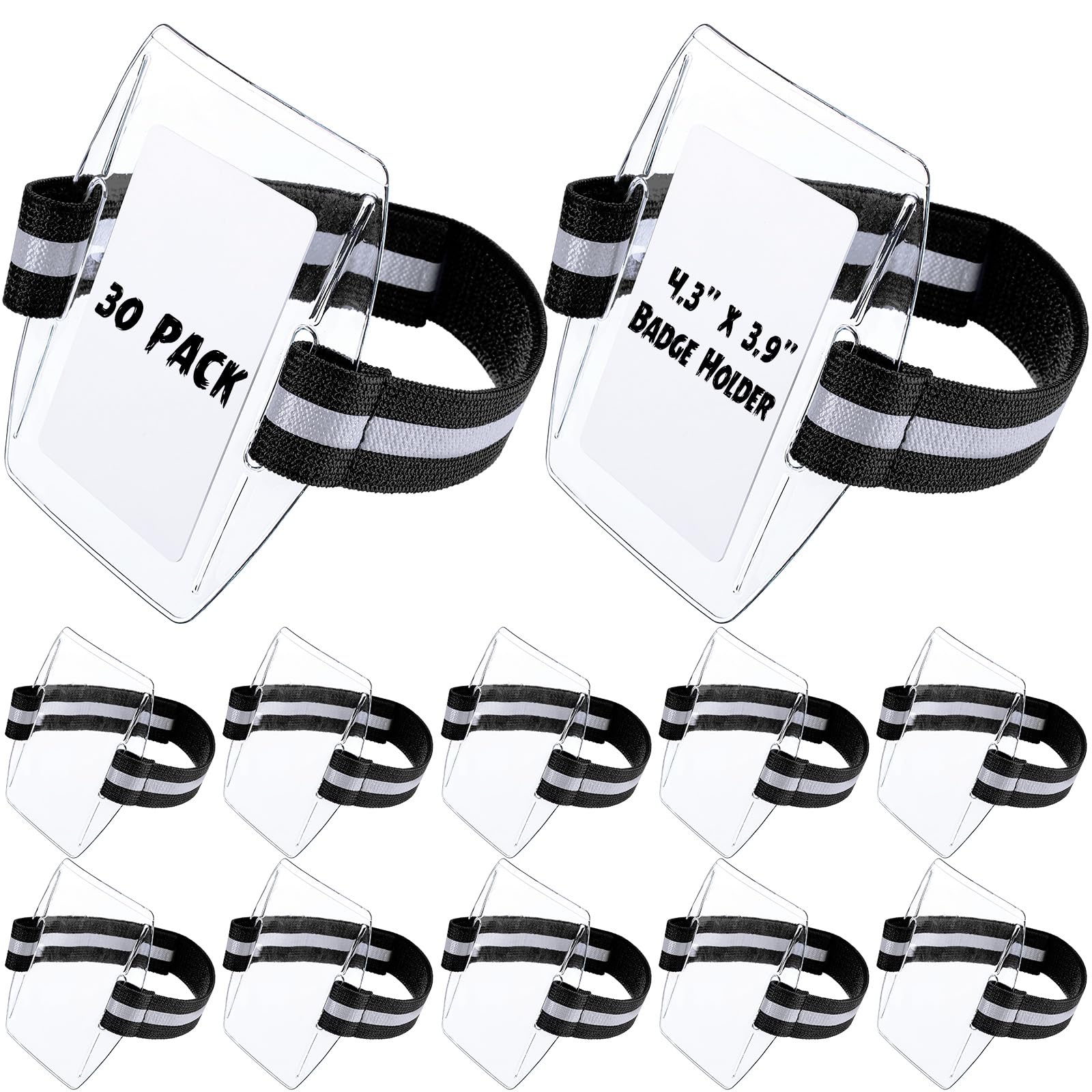 Epakh 30 Pcs Arm Badge Holder Armband ID Card Holder with Hook and Loop Fastener Clear Plastic Name Tag Badge Holder, Universal Size (Blue,Reflective Strips)
