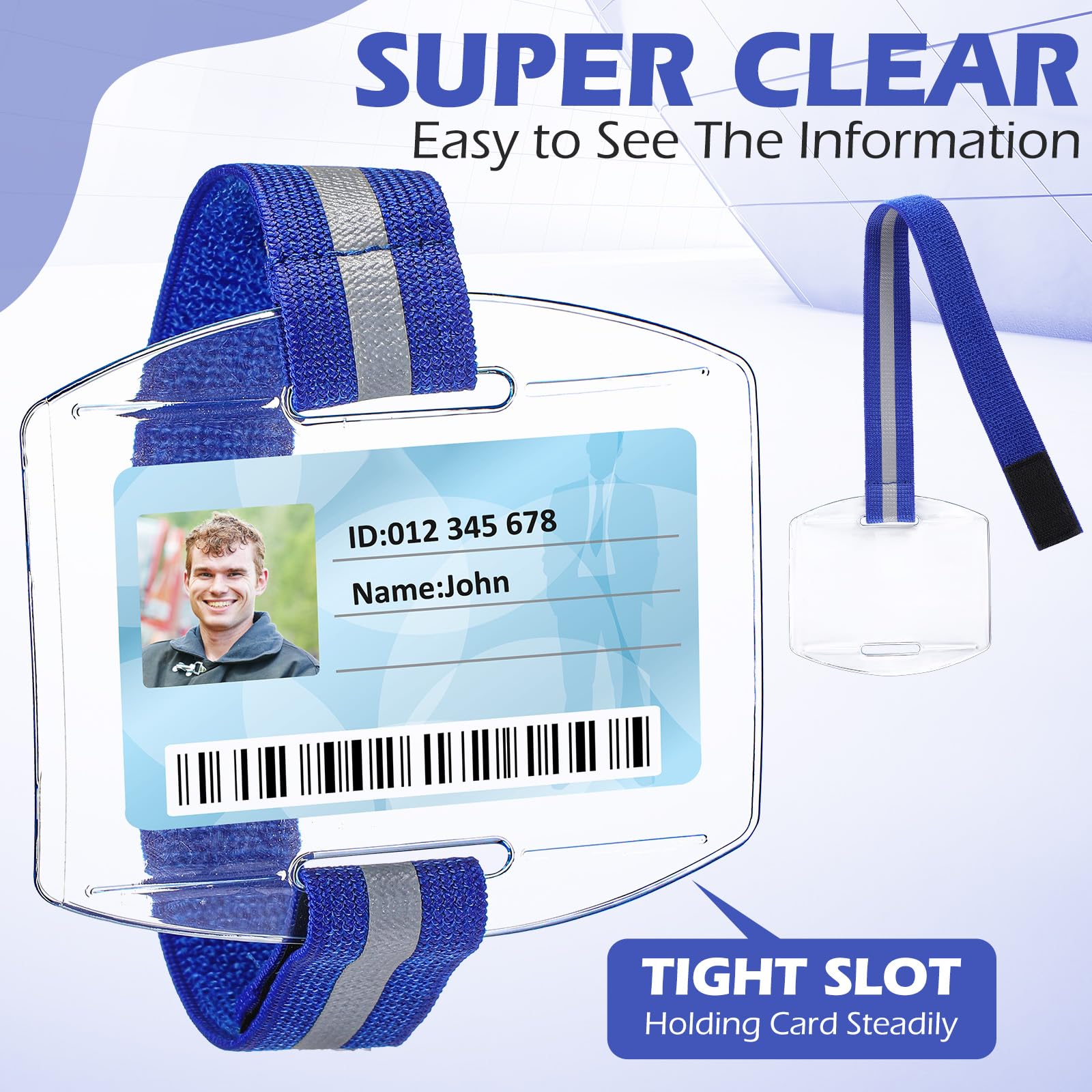Epakh 30 Pcs Arm Badge Holder Armband ID Card Holder with Hook and Loop Fastener Clear Plastic Name Tag Badge Holder, Universal Size (Blue,Reflective Strips)