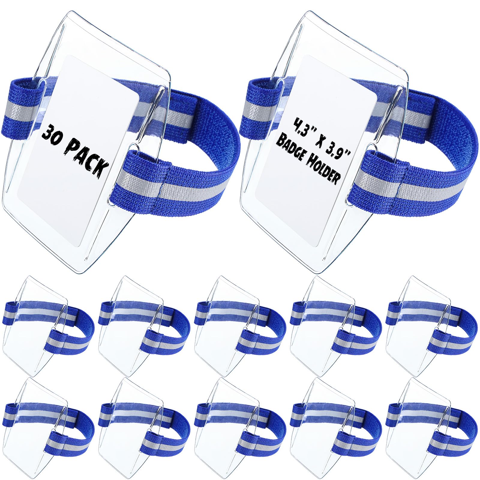 Epakh 30 Pcs Arm Badge Holder Armband ID Card Holder with Hook and Loop Fastener Clear Plastic Name Tag Badge Holder, Universal Size (Blue,Reflective Strips)