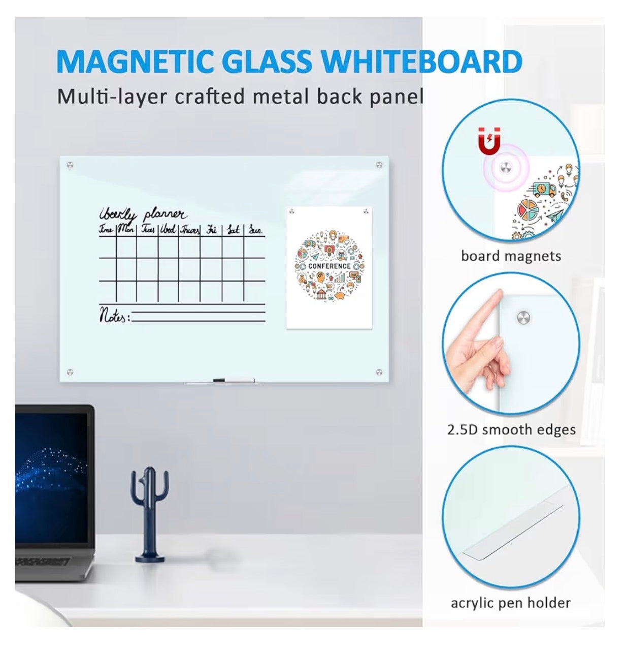 TIANSE Glass Whiteboard – Magnetic Dry Erase Board (36” x 24”)