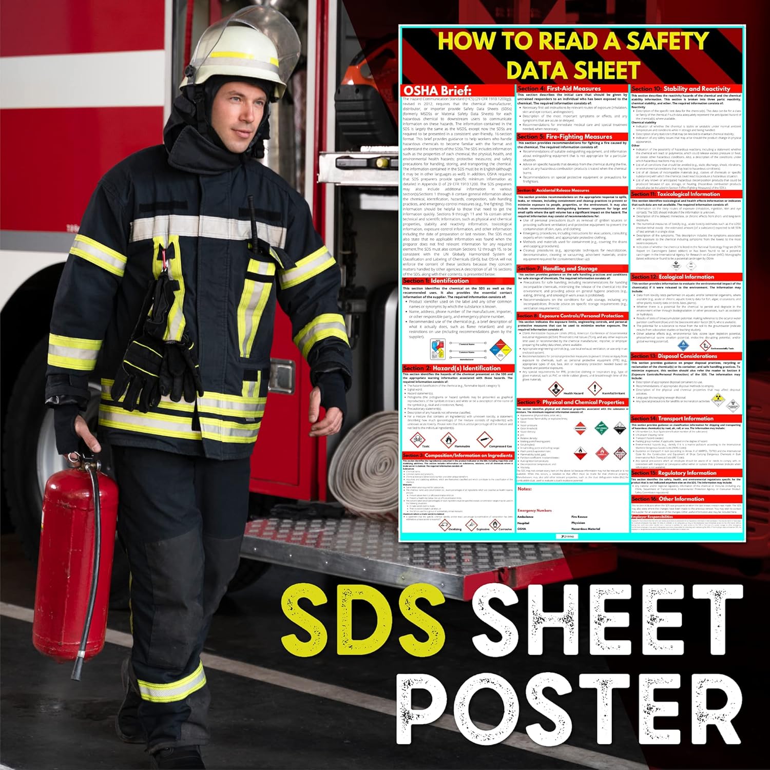 How to Read A Safety Data Sheet, SDS & MSDS Poster in English, Readable 24 x 36" UV Coated Paper Sign, OSHA, HMIS & Hazard Compliance Center Brief