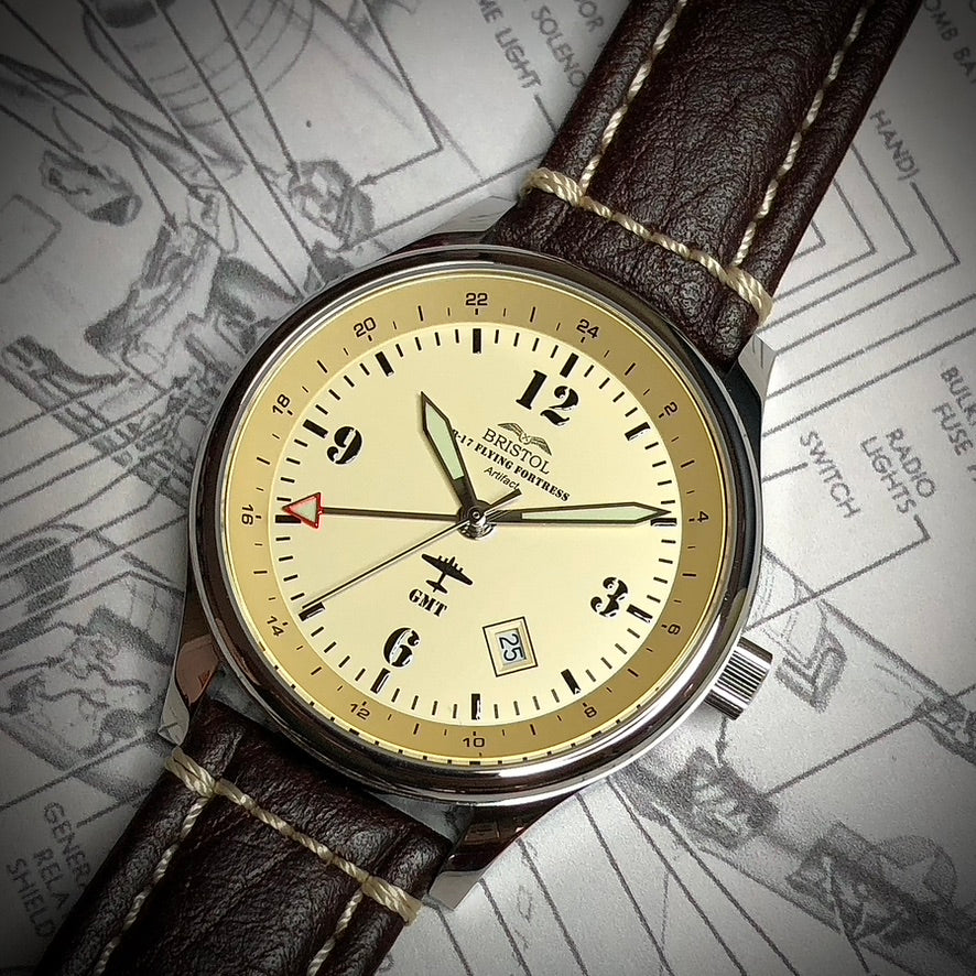 B-17 Tribute Watch - Classic Aviator Design | Polished Stainless Steel, Beige Dial
