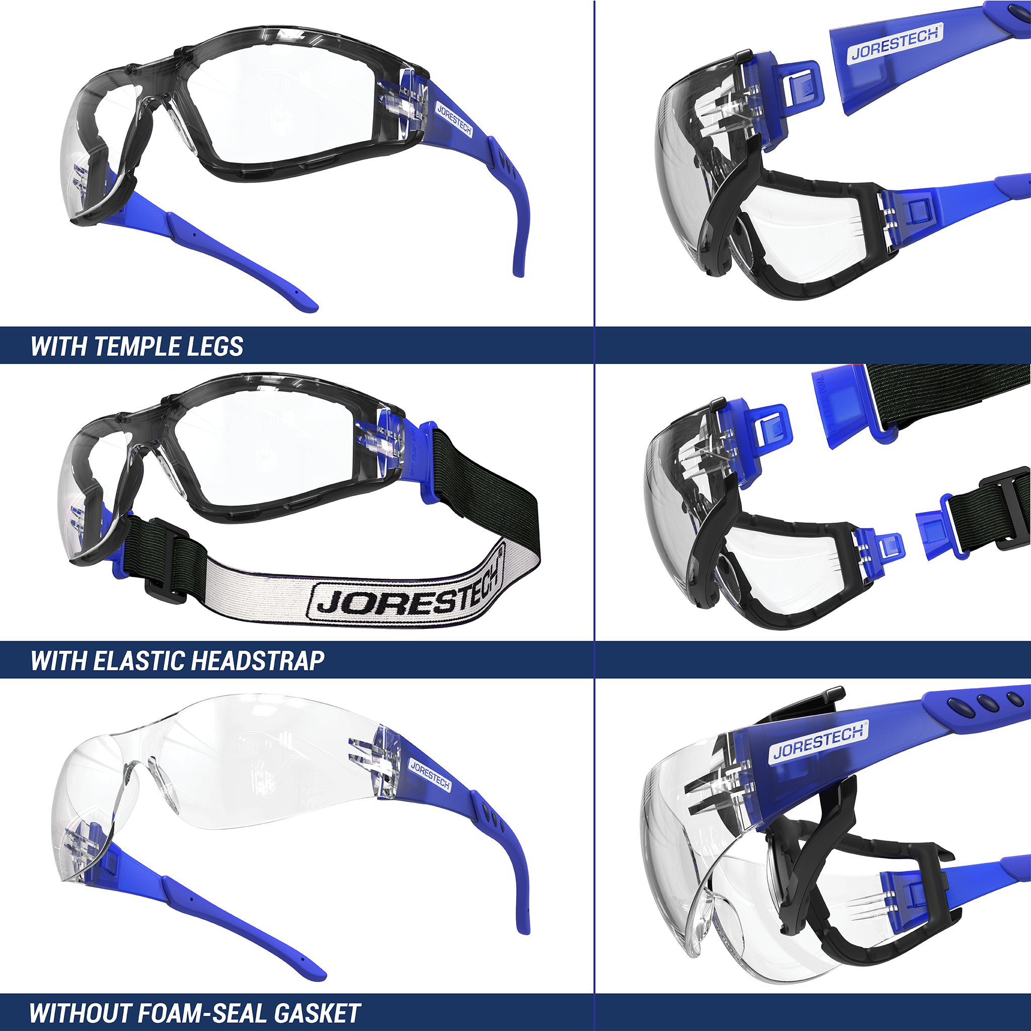 Anti-Fog Safety Glasses Convertible to Goggles with Removable Foam Seal, Temples & Headband