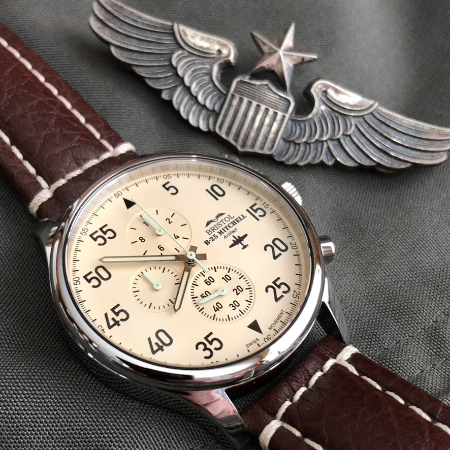B-25 Mitchell Watch | Limited Edition Aviator Chronograph - Polished Stainless Steel, Brown Leather Strap