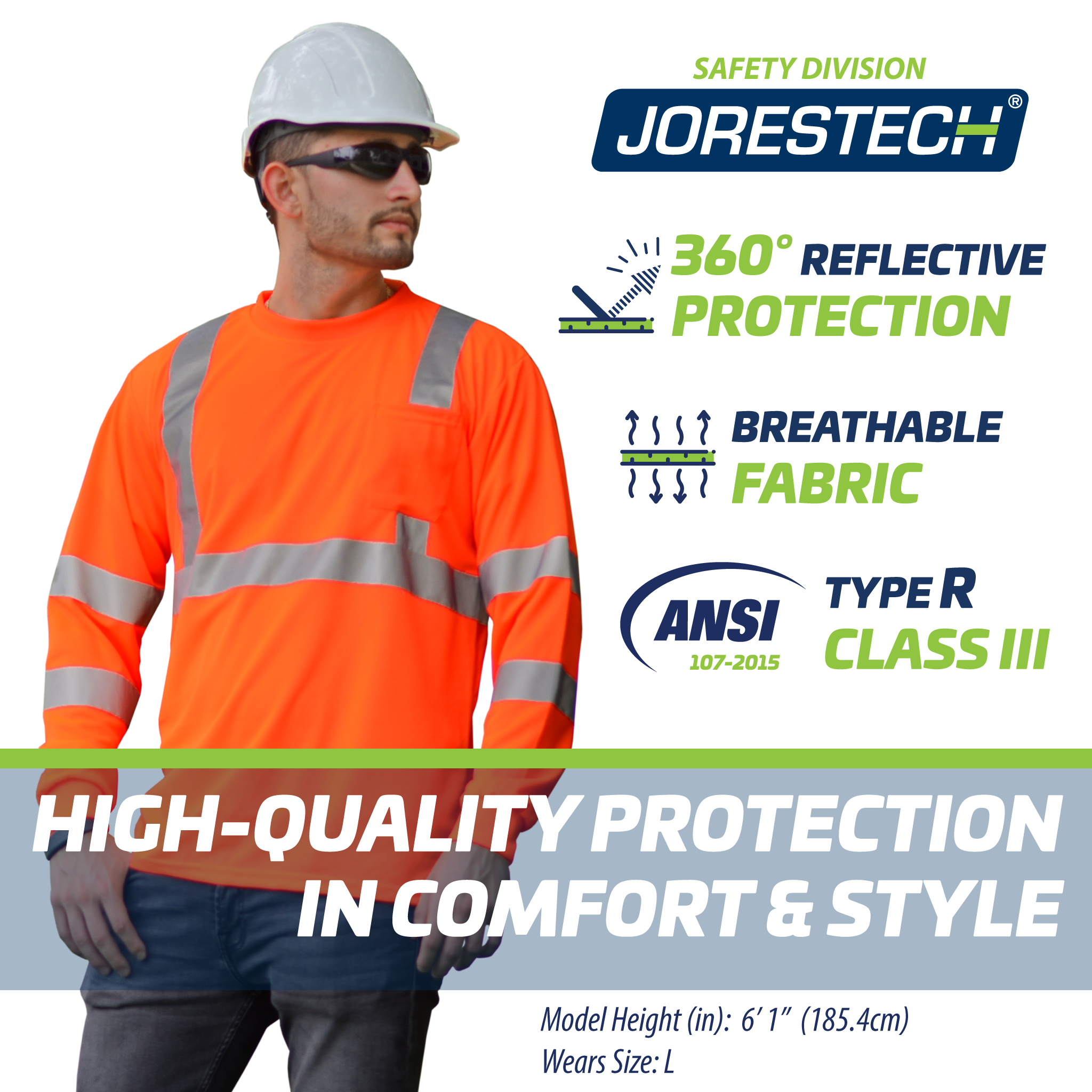 Jorestech Hi Vis Long Sleeve Reflective Safety Shirt – ANSI Class 3 Compliant