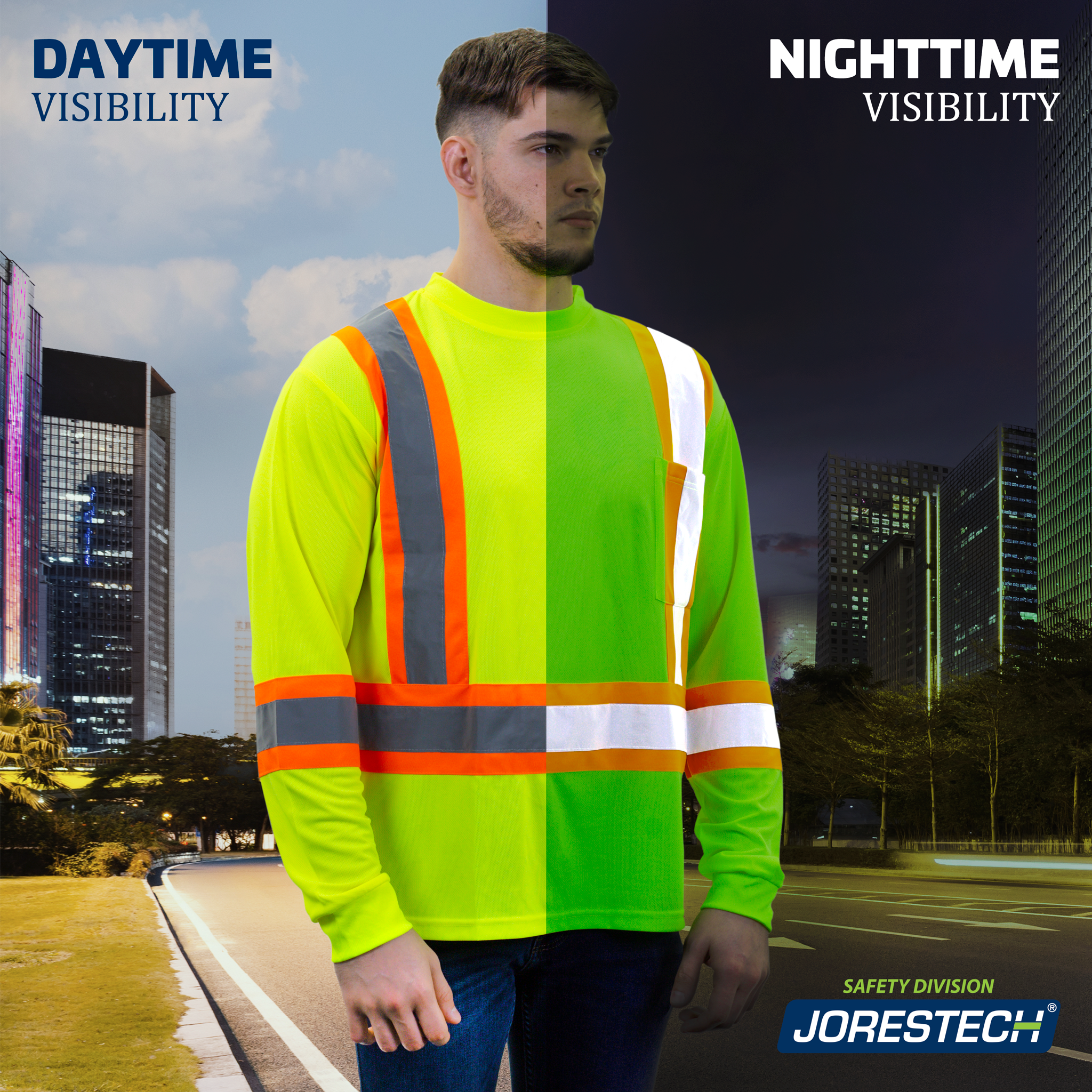 High Vis Orange Shirt | Two-Tone Reflective Long Sleeve in Orange, Lime, Black