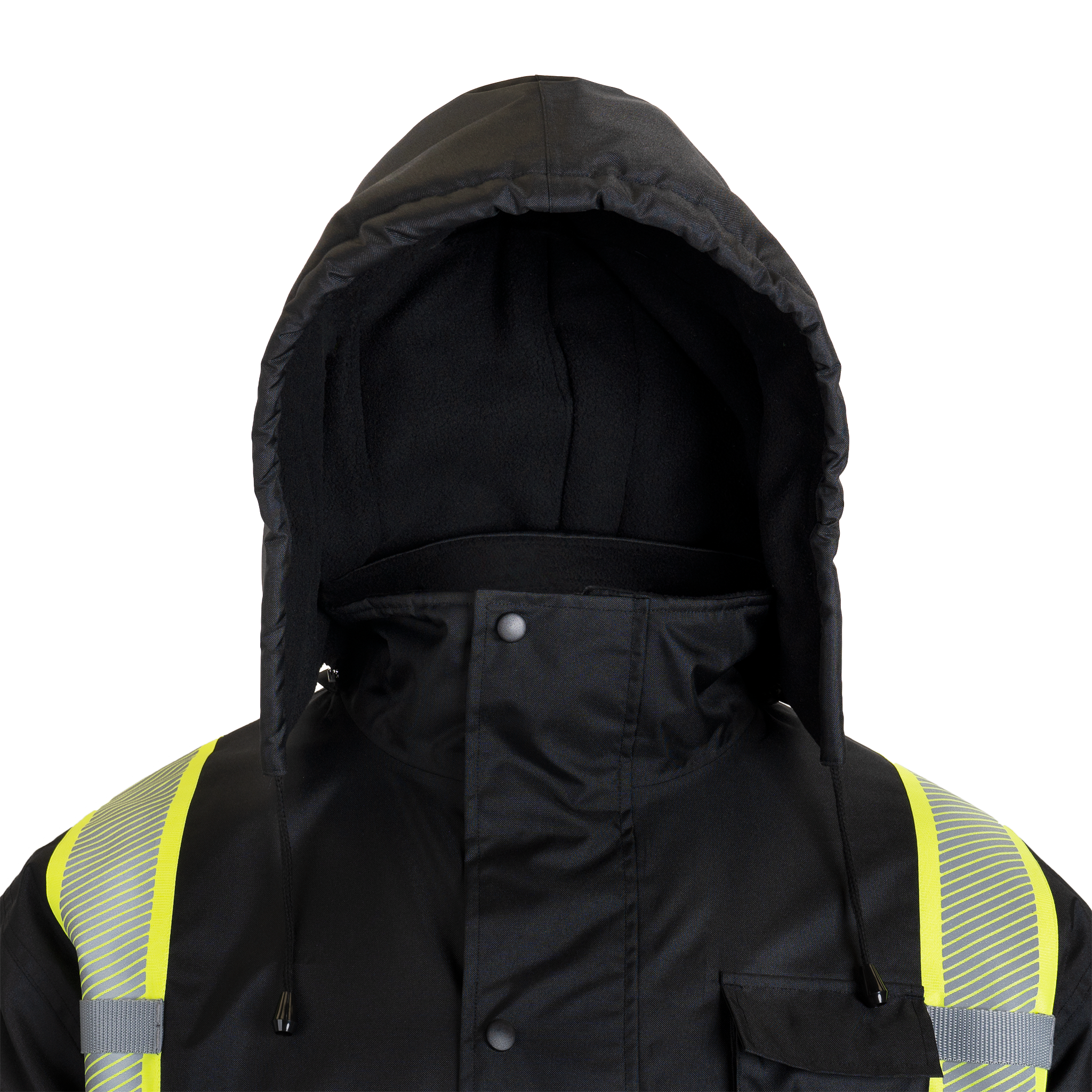 Hi-Vis Safety Jacket with Heat-Transfer Reflective Tapes and Removable Hood