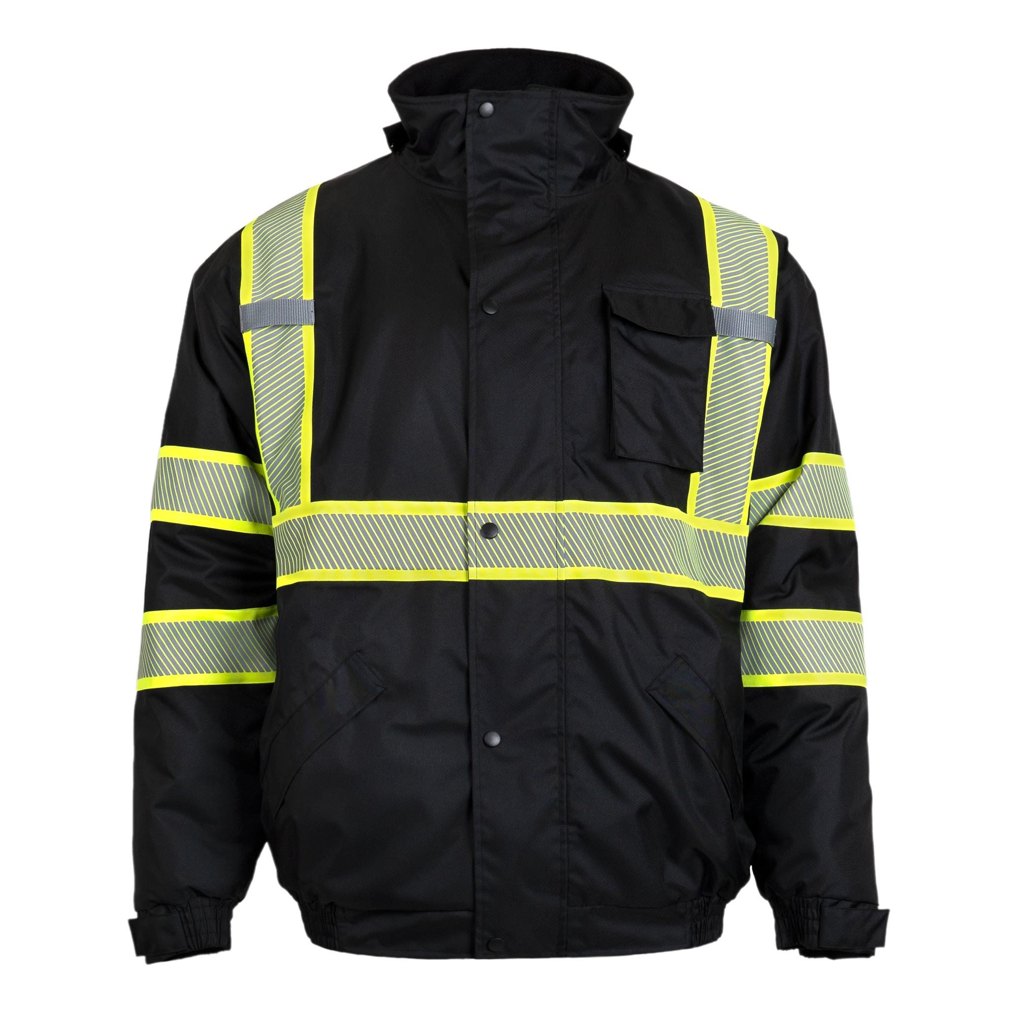 Hi-Vis Safety Jacket with Heat-Transfer Reflective Tapes and Removable Hood