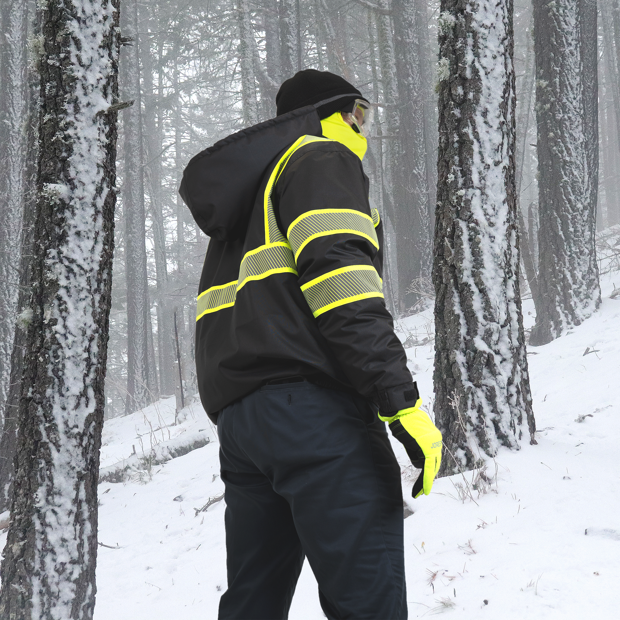 Hi-Vis Safety Jacket with Heat-Transfer Reflective Tapes and Removable Hood