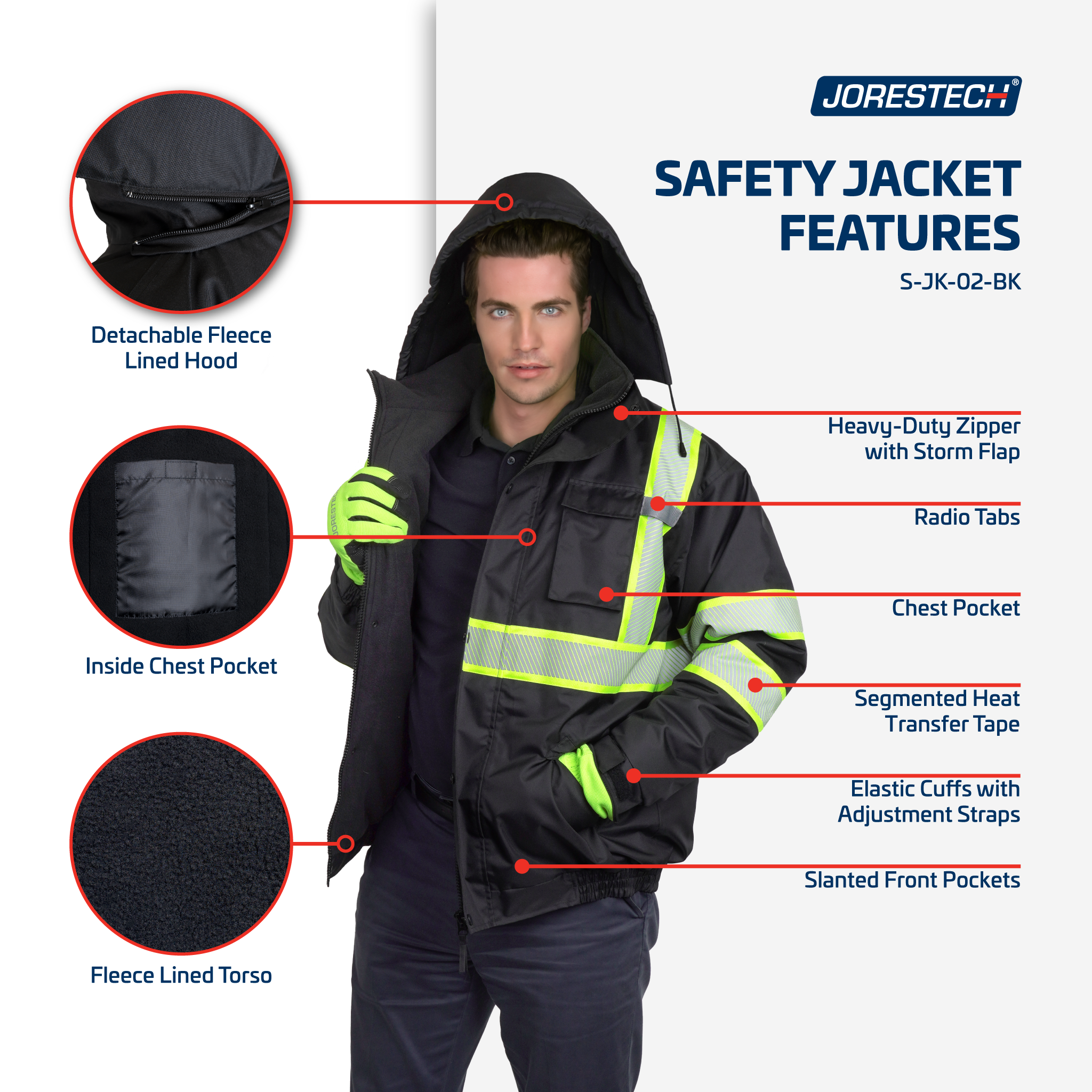 Hi-Vis Safety Jacket with Heat-Transfer Reflective Tapes and Removable Hood