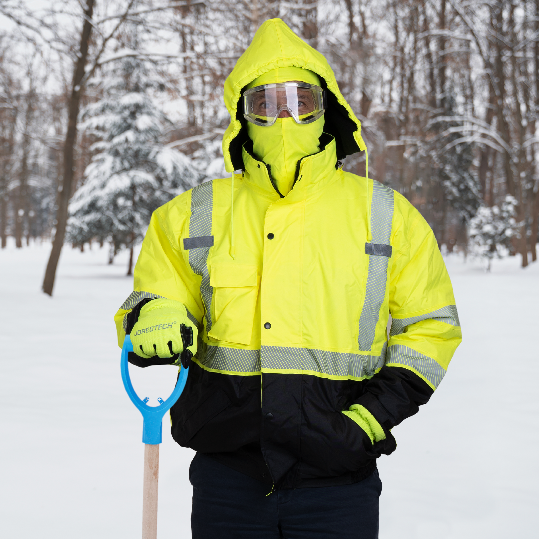 Hi-Vis Safety Jacket with Heat-Transfer Reflective Tapes and Removable Hood
