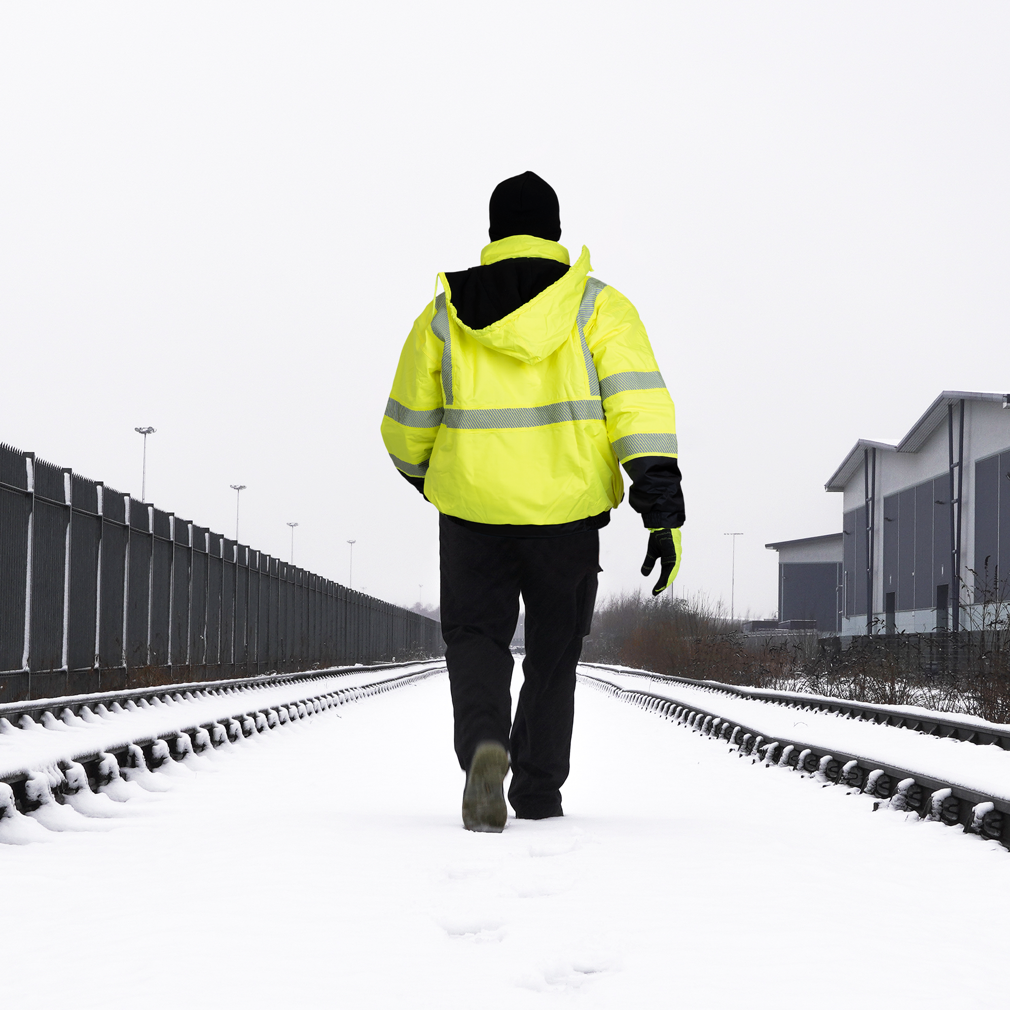 Hi-Vis Safety Jacket with Heat-Transfer Reflective Tapes and Removable Hood
