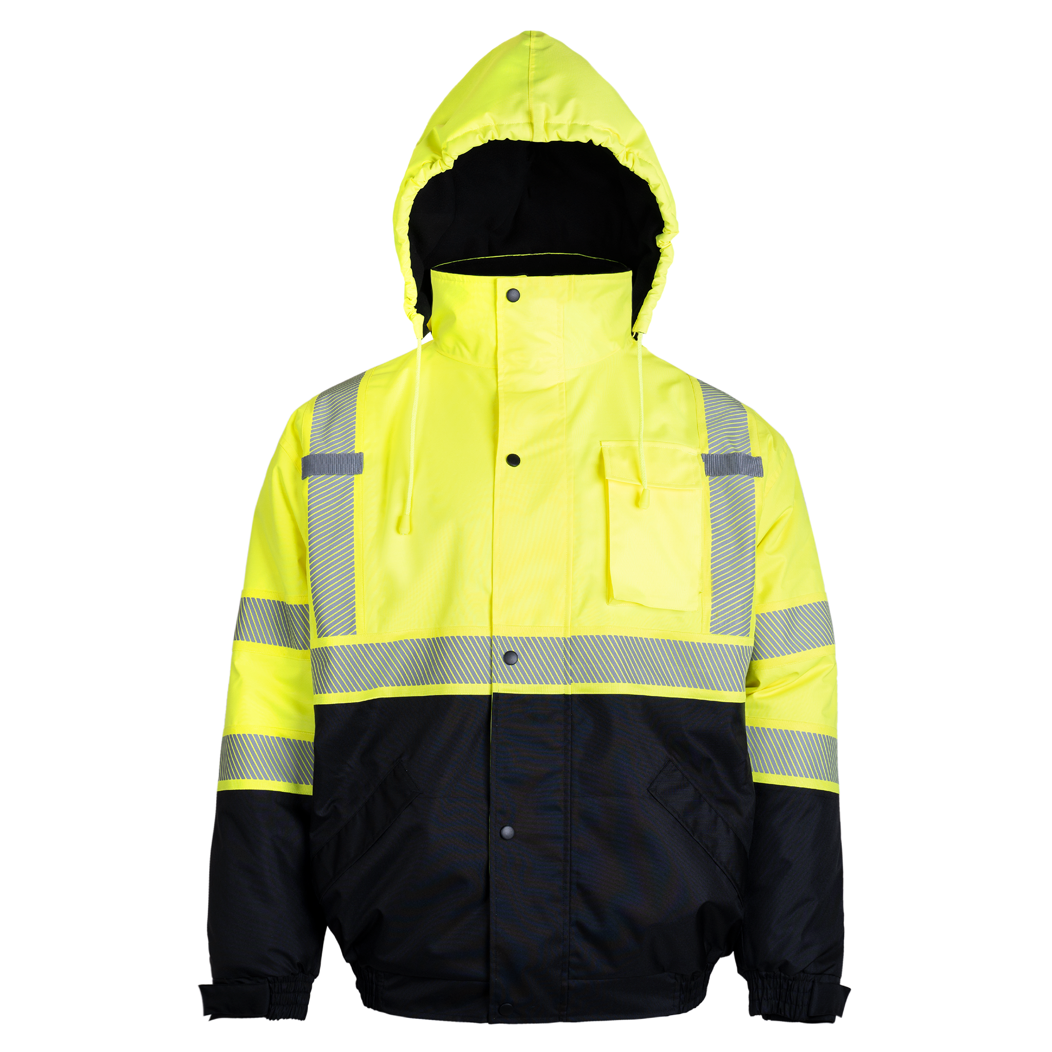 Hi-Vis Safety Jacket with Heat-Transfer Reflective Tapes and Removable Hood