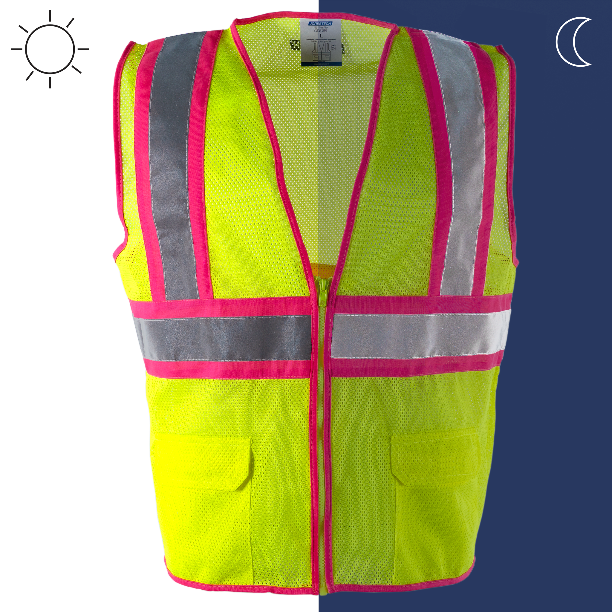 Hi Vis Mesh Safety Vest with Pink Contrasting Strips and Reflective Tapes