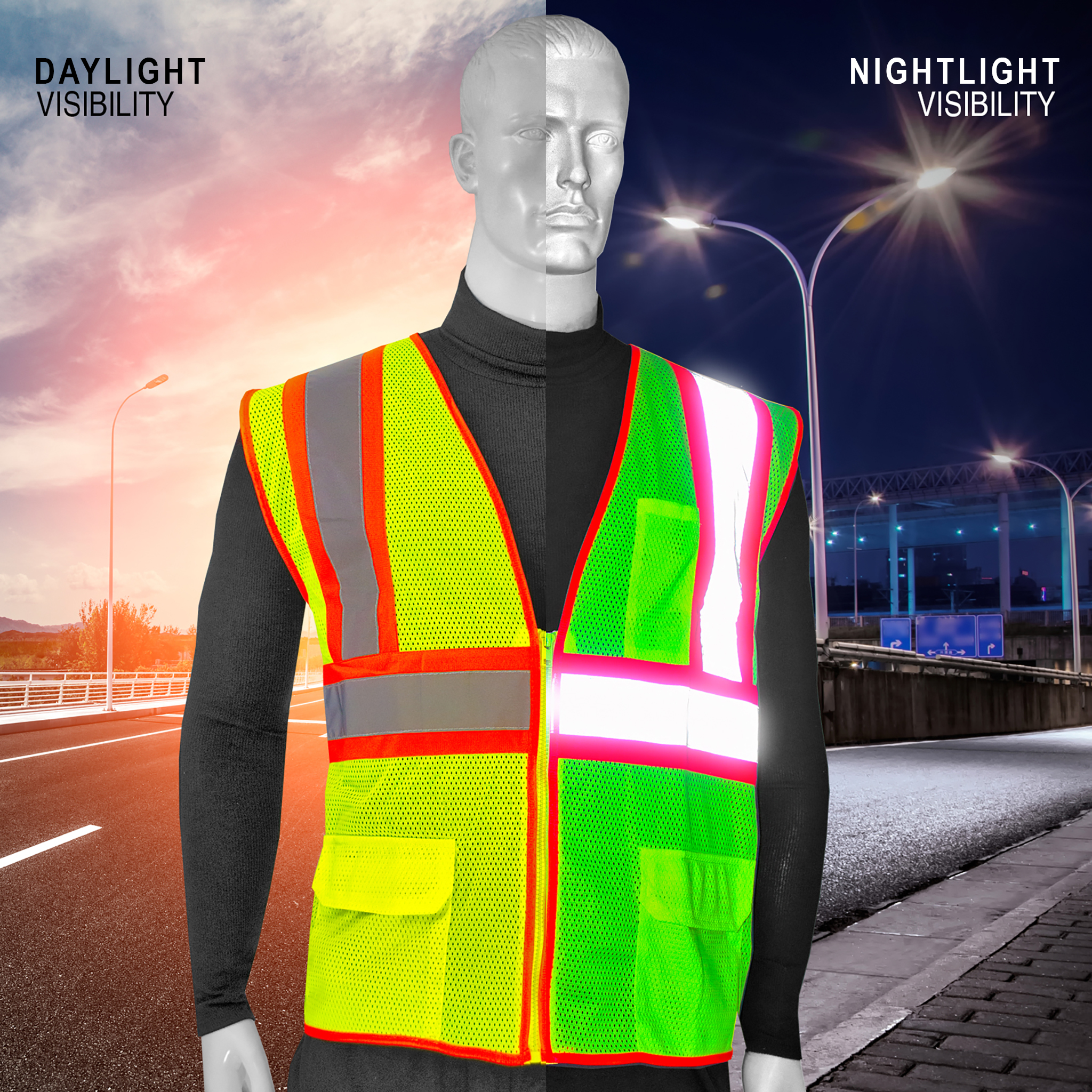 Hi-Vis Two Toned Mesh Safety Vest with 2” Reflective Strips and Pockets
