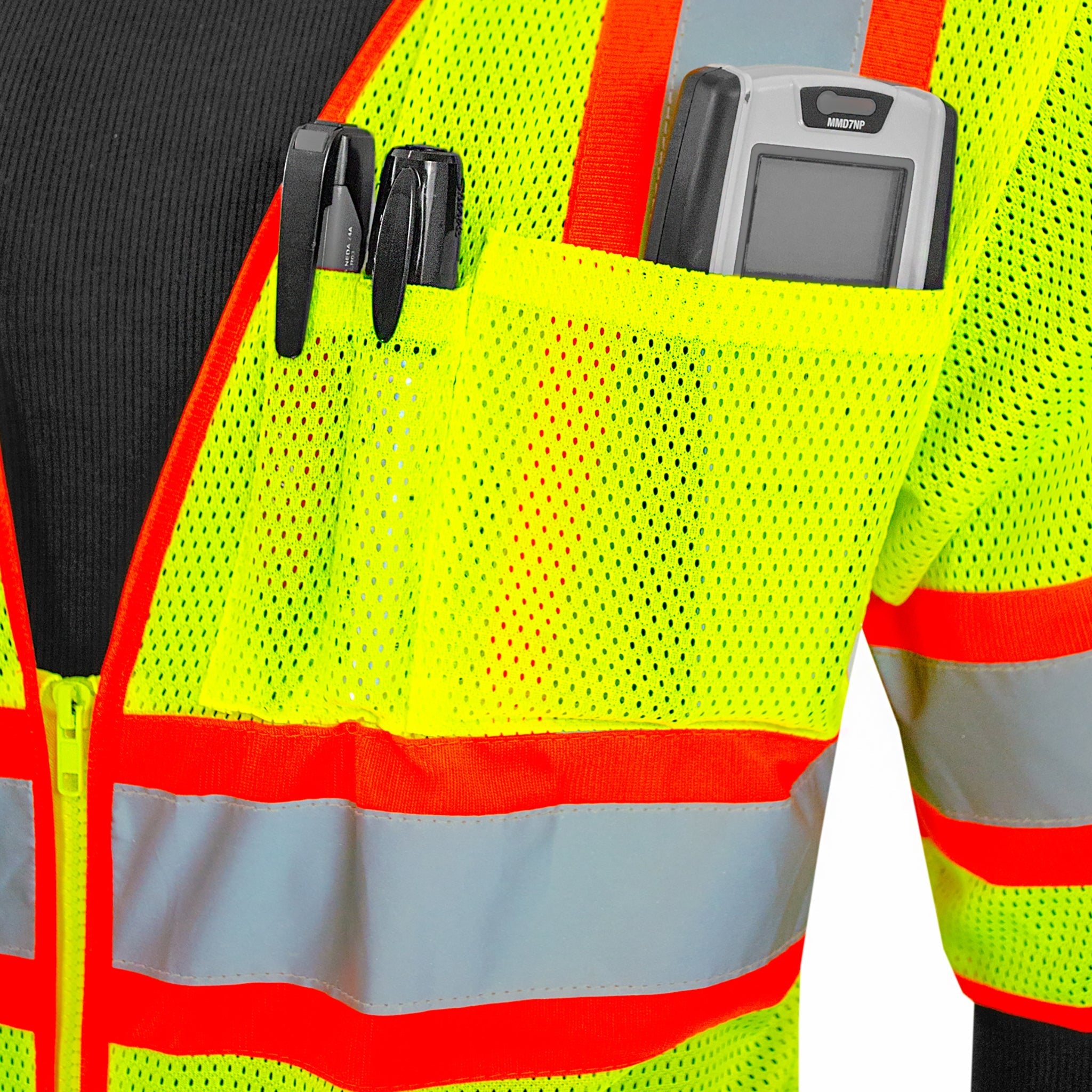 Hi-Vis Two Toned Mesh Sleeved Safety Vest with 2” Reflective Strips and Pockets